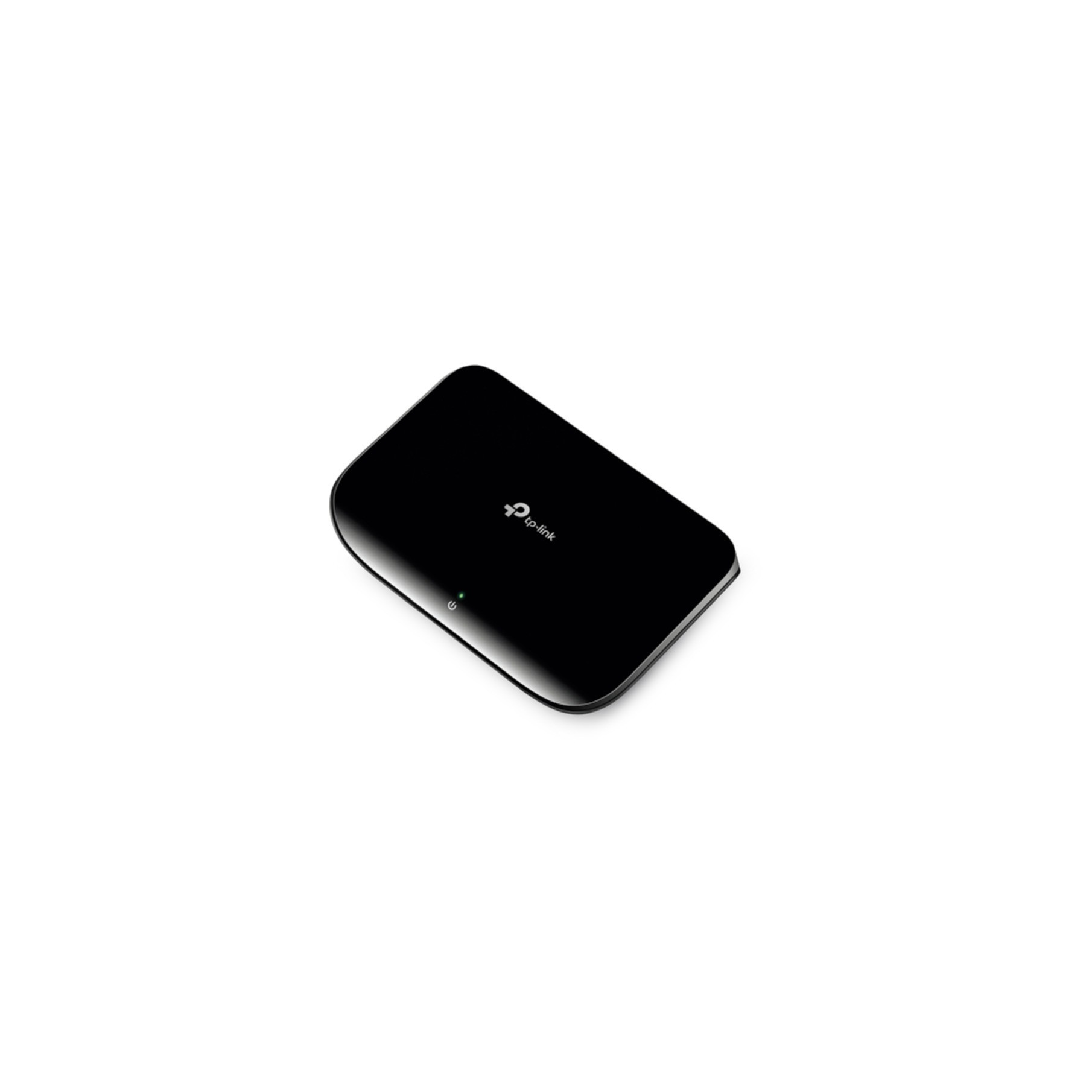 Un appareil TP-Link noir avec une lumière verte sur fond blanc.