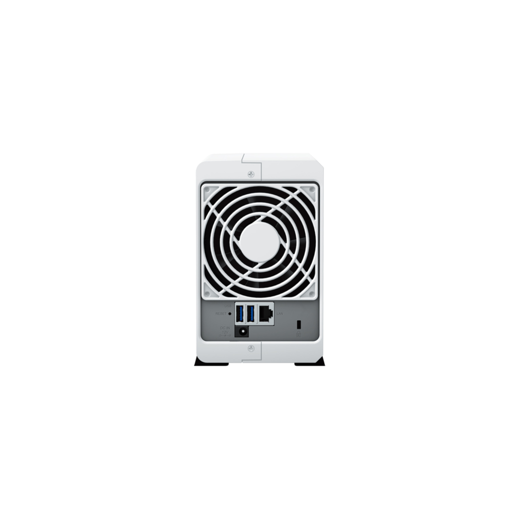 Parte trasera de un dispositivo NAS blanco con ventilador, puertos USB, LAN y conector de alimentación.