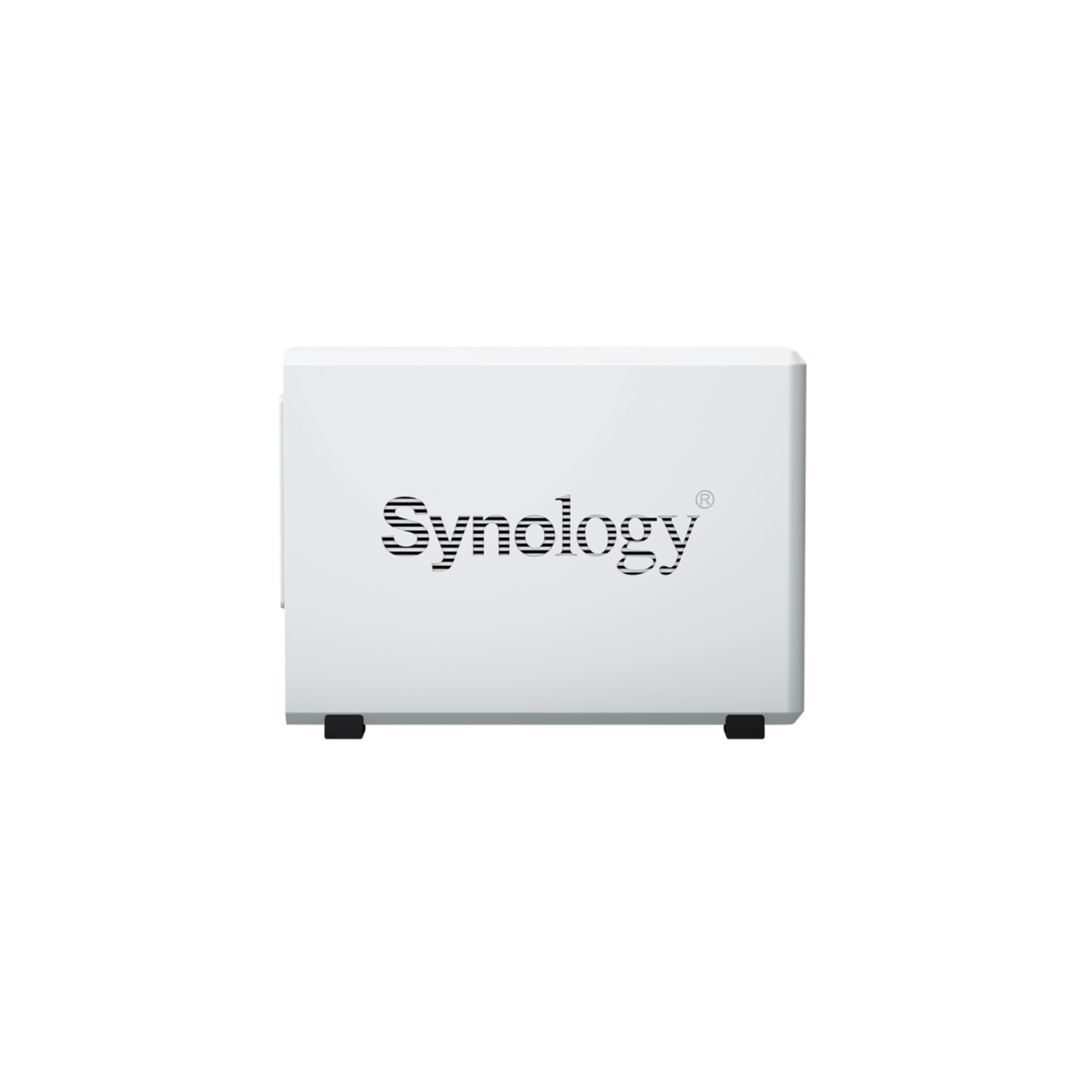 Un NAS Synology blanco con ranuras de ventilación y patas negras.