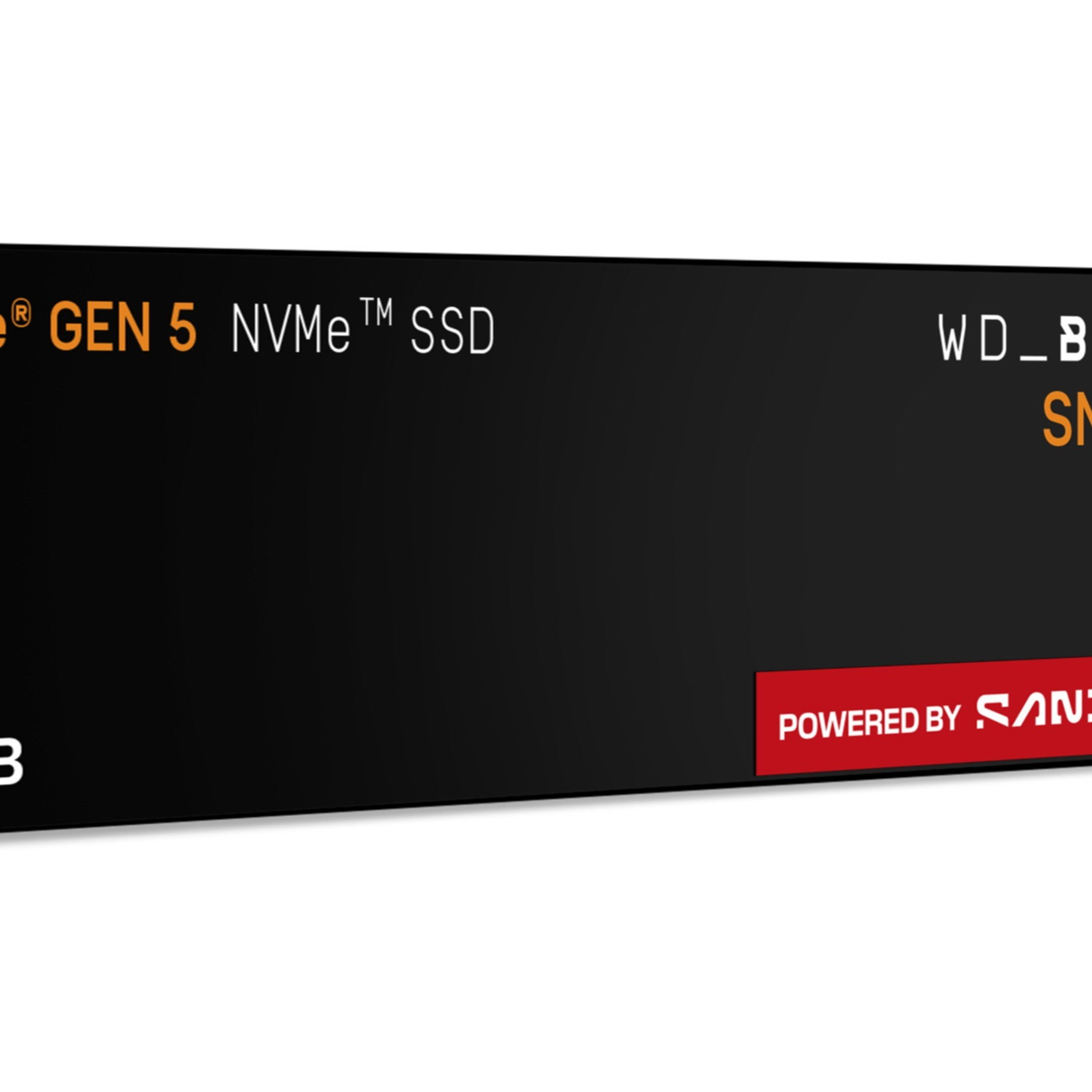 Texte sur fond noir : GEN 5 NVMe SSD, WD_B SN, Propulsé par S...