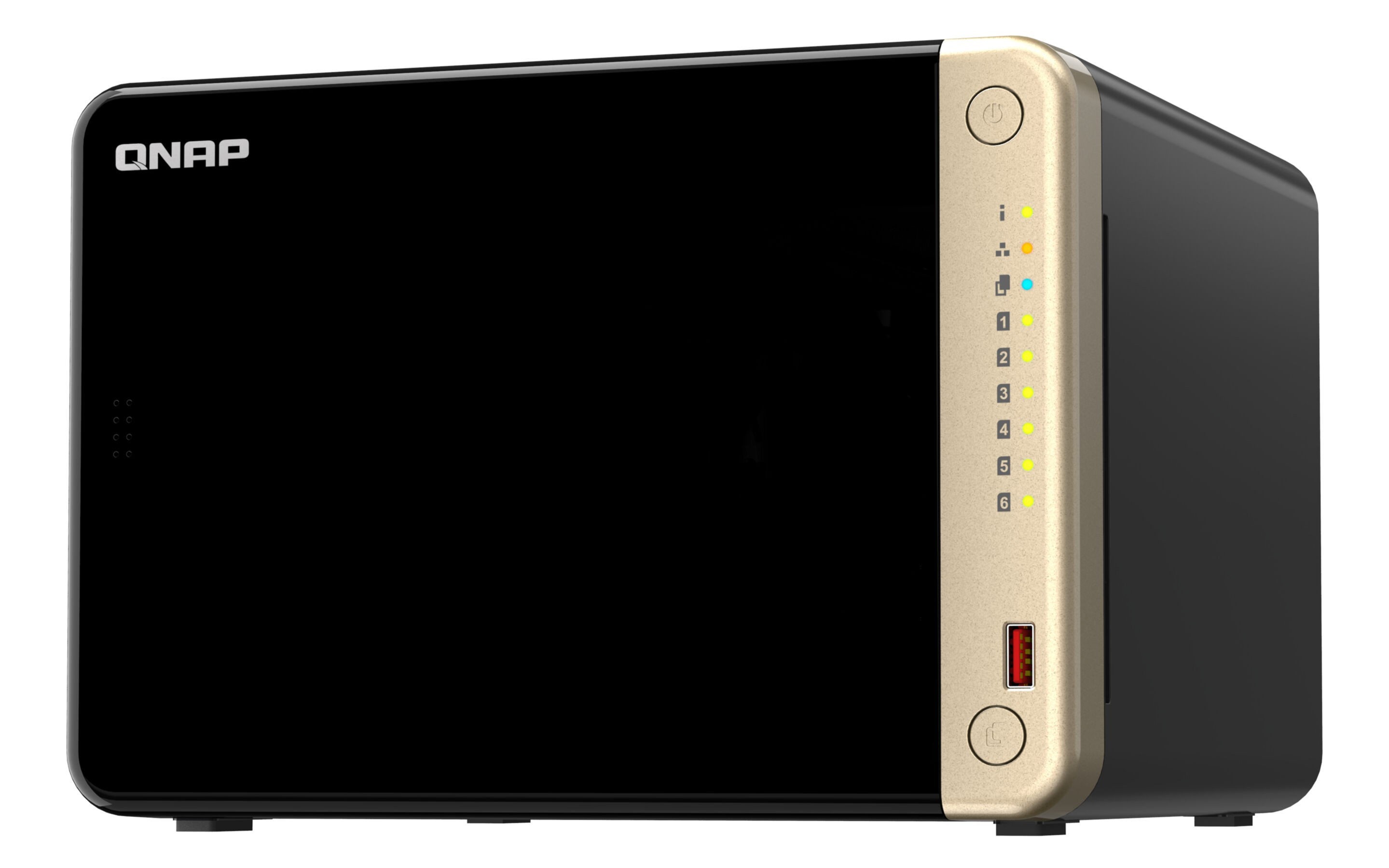 Un dispositivo NAS QNAP nero con pannello frontale dorato e luci.