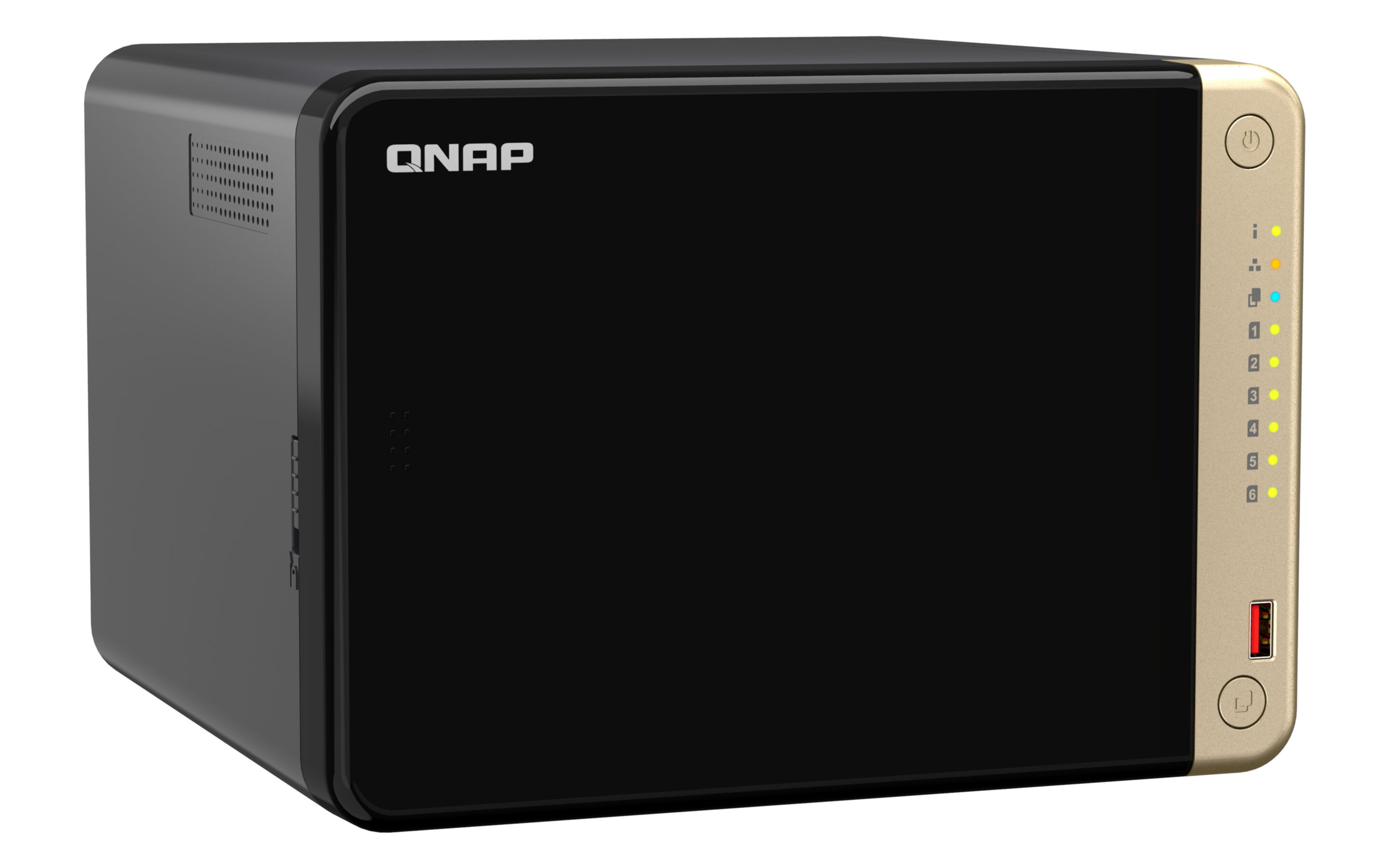 Un NAS QNAP nero con accenti dorati e LED di stato.