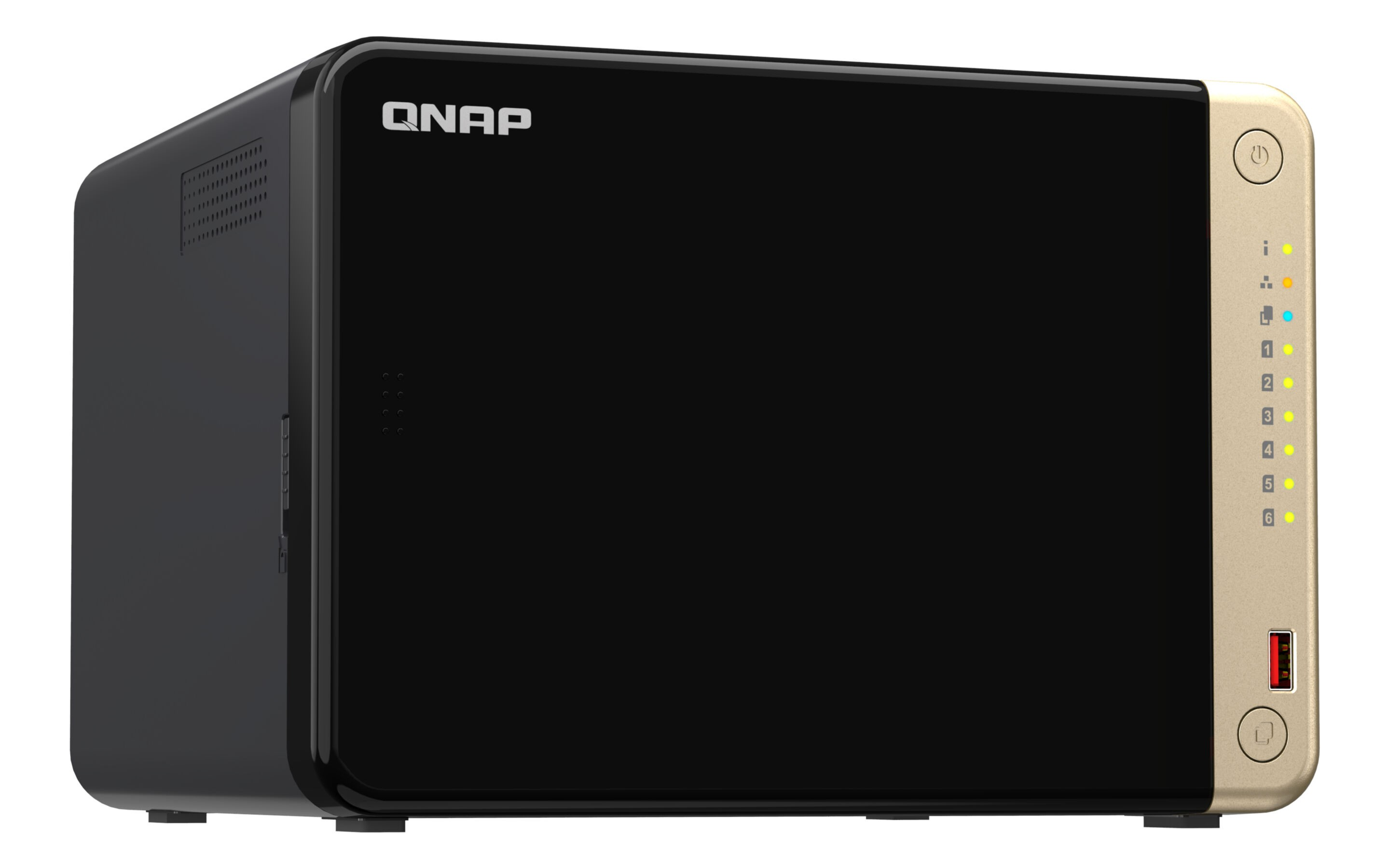 Un dispositivo NAS QNAP nero con pannello frontale dorato e spie luminose.