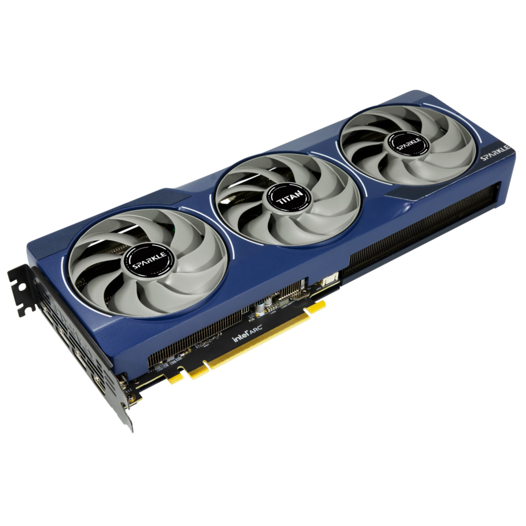 Niebieska karta graficzna PC z trzema wentylatorami i logo Intel Arc.