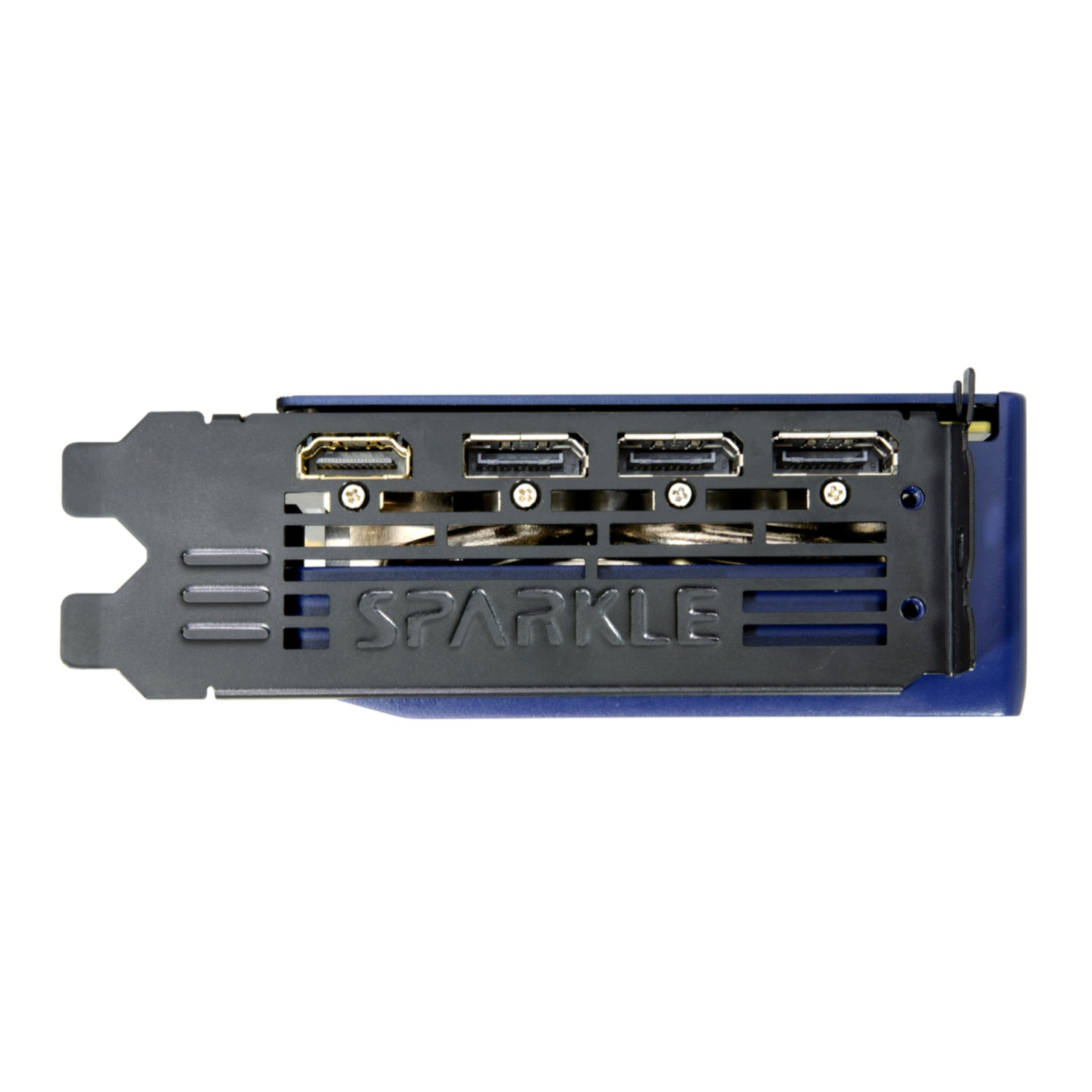 Karta graficzna z czterema portami i logo "SPARKLE" na niebieskiej obudowie.