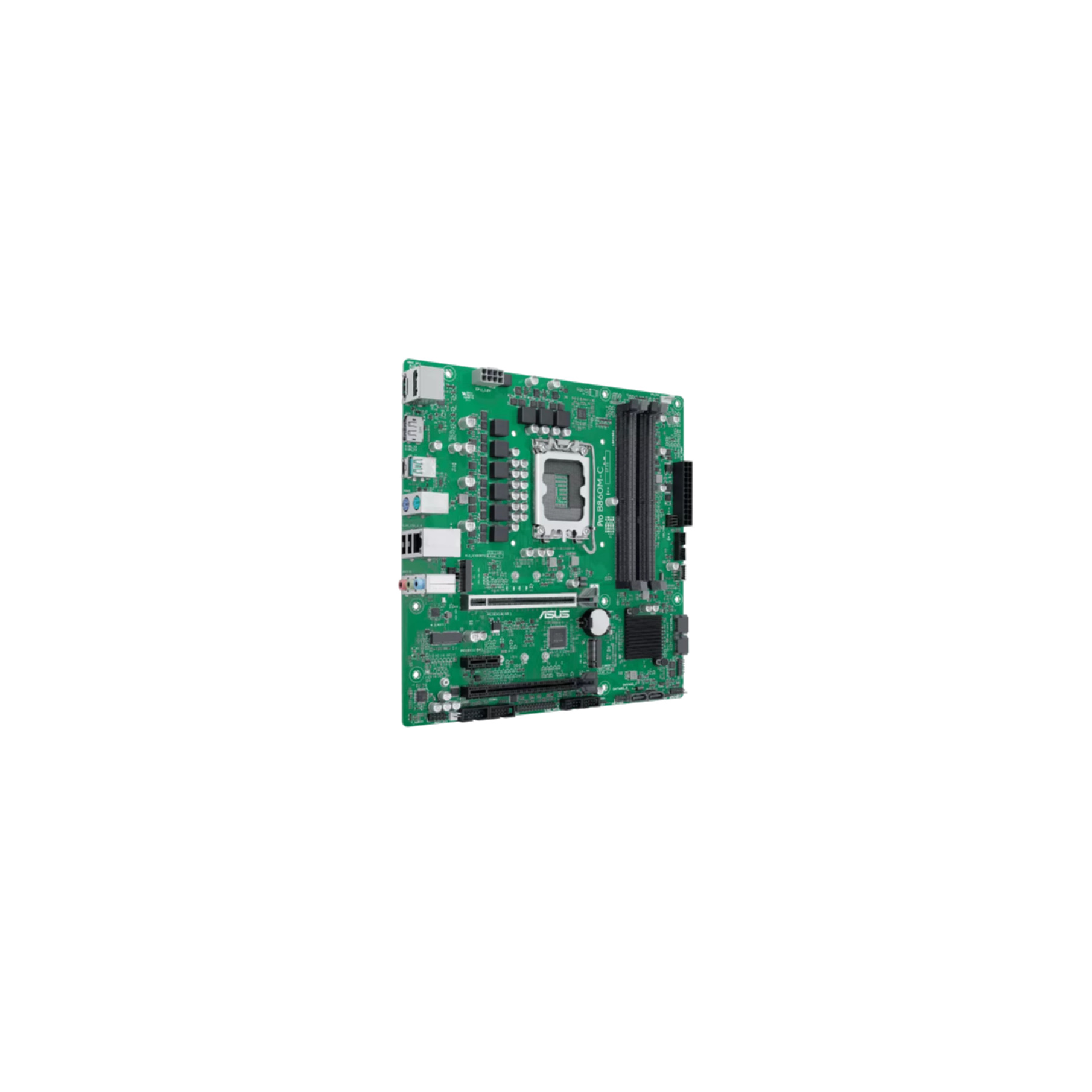 Carte mère verte avec ports argentés et noirs, socket CPU et connecteurs.