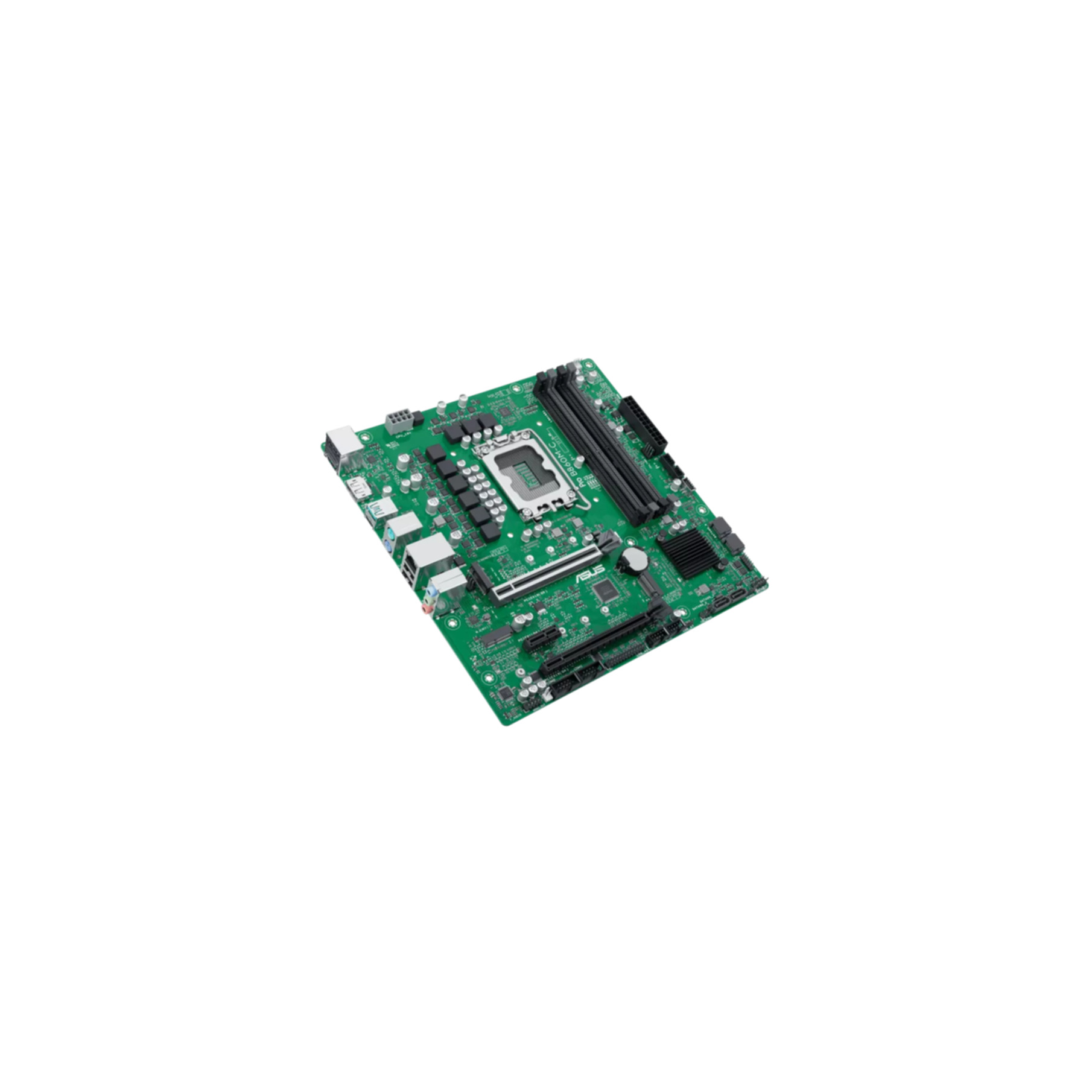 Carte mère verte avec socket CPU argenté, emplacements RAM et ports variés.