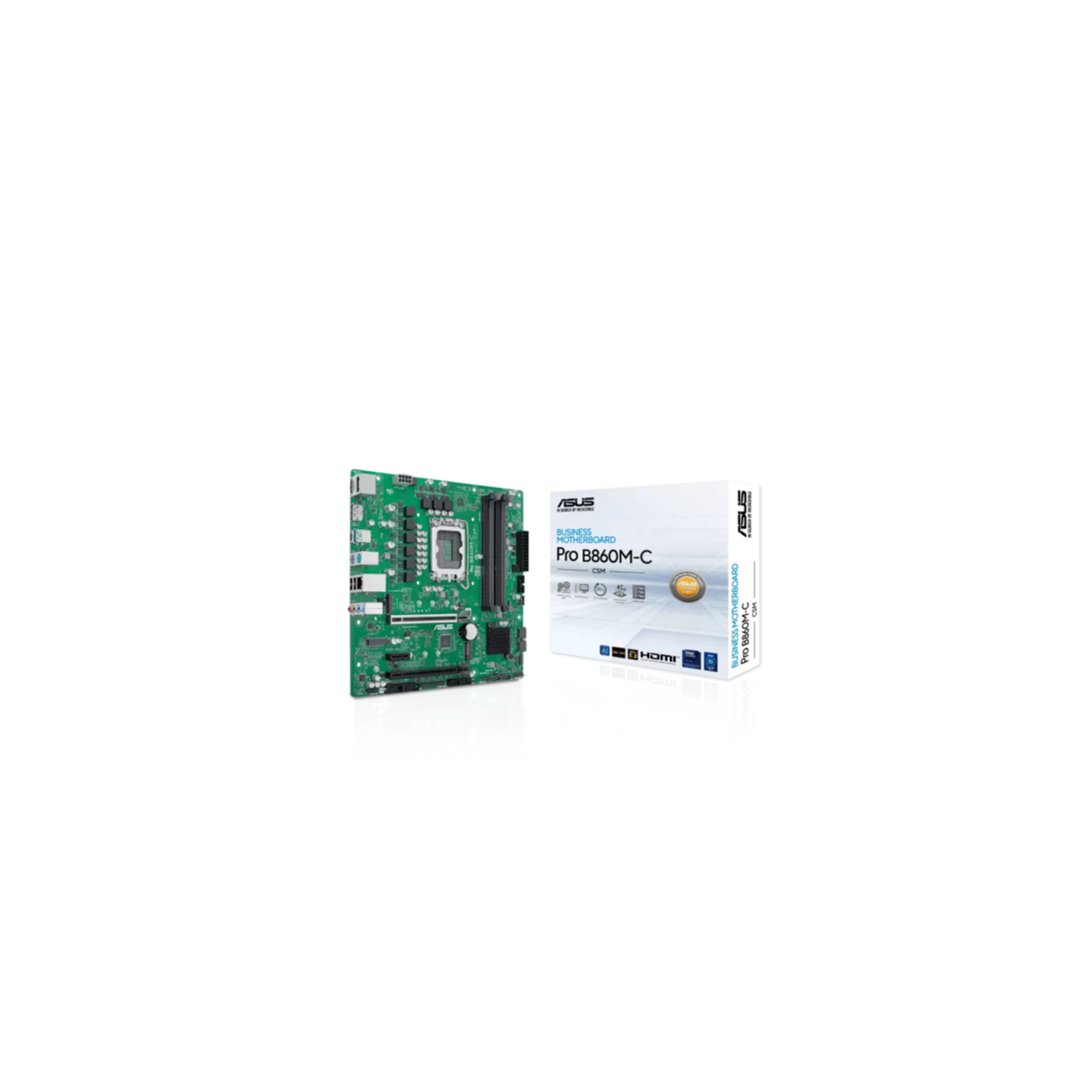 Carte mère verte ASUS Pro B860M-C CSM à côté de sa boîte.