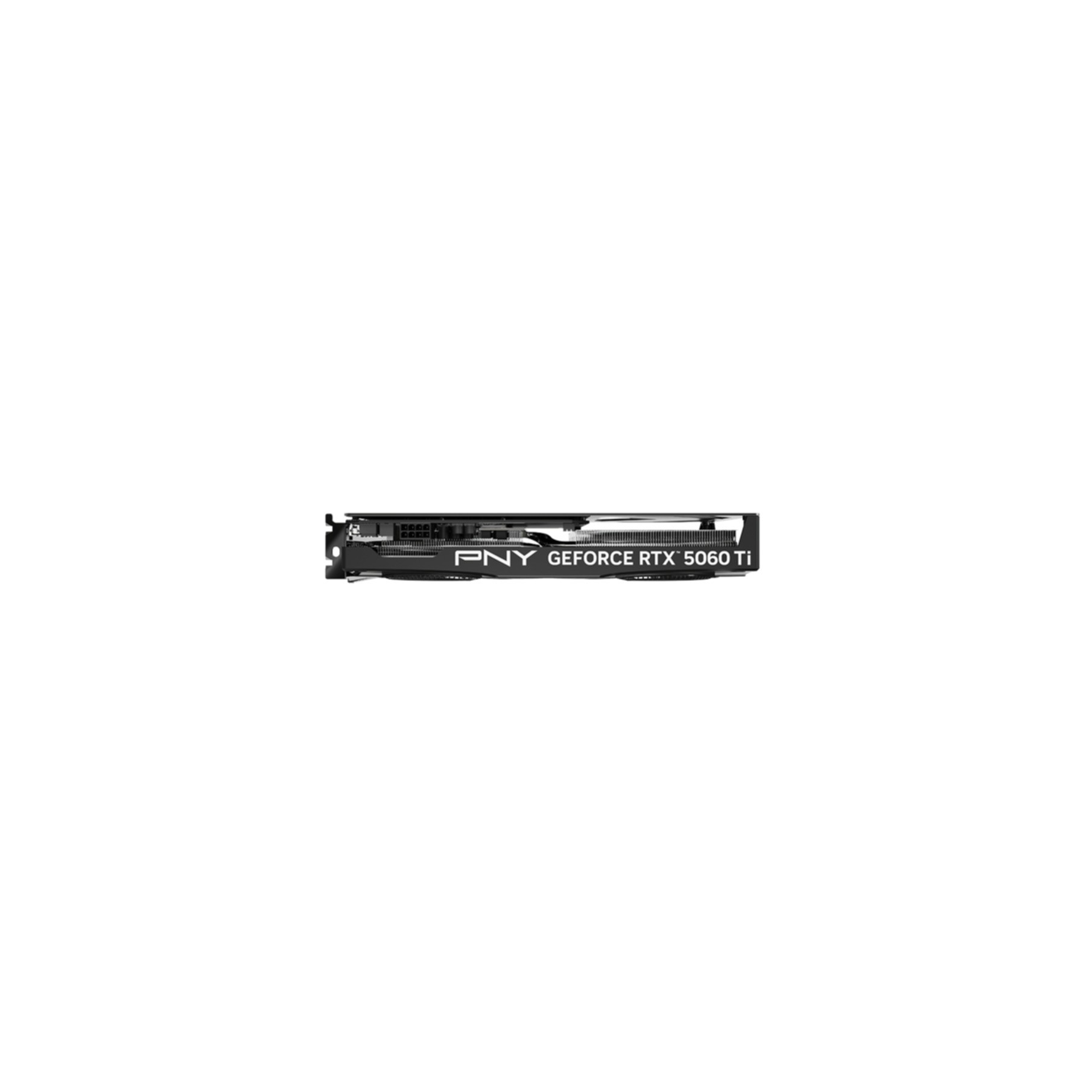 Eine schwarze PNY GeForce RTX 5060 Ti Grafikkarte mit Lüftern.