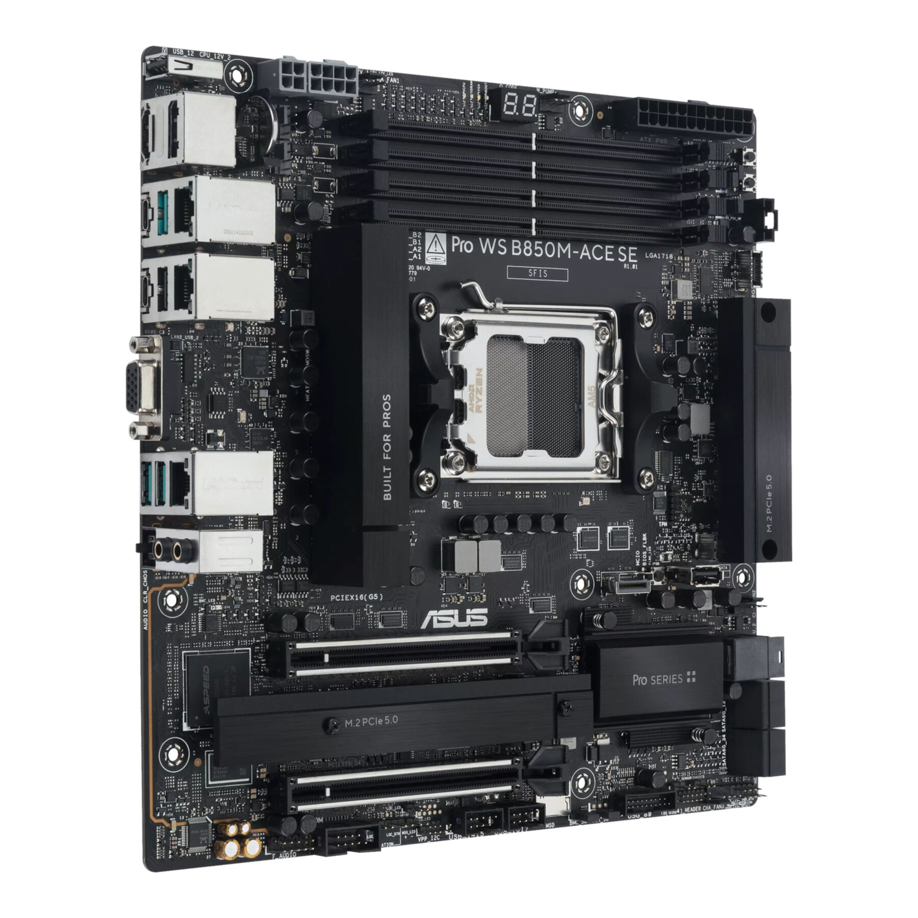 Carte mère noire avec socket CPU, slots RAM et connecteurs.