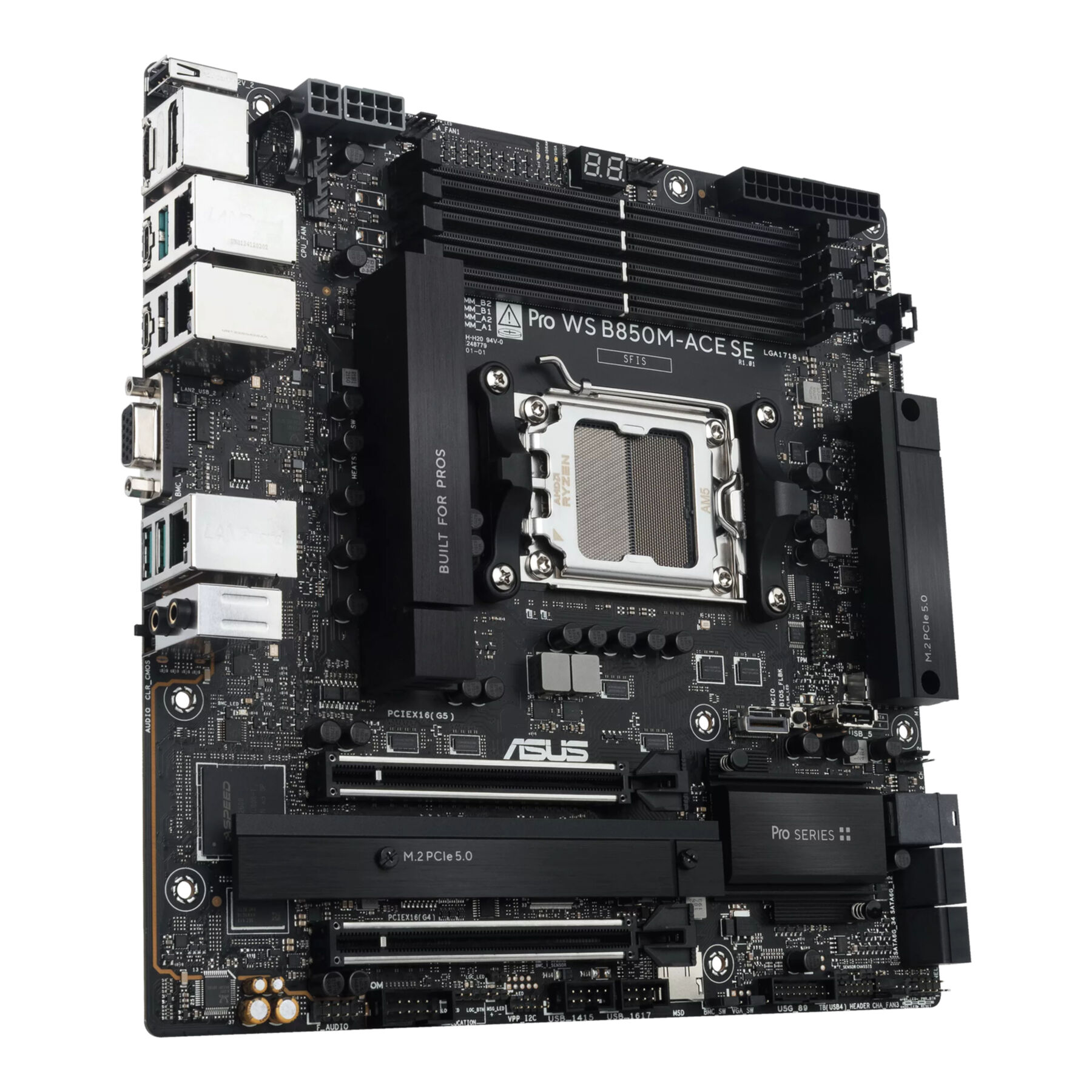 Carte mère noire avec socket CPU, slots RAM et ports.