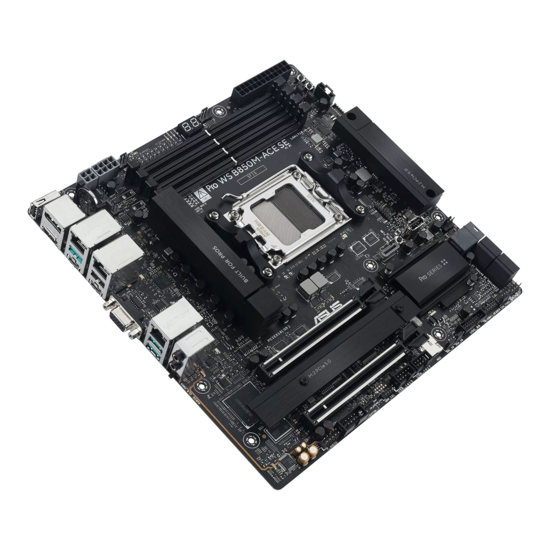 Carte mère noire avec socket CPU, slots RAM et connecteurs, sur fond blanc.
