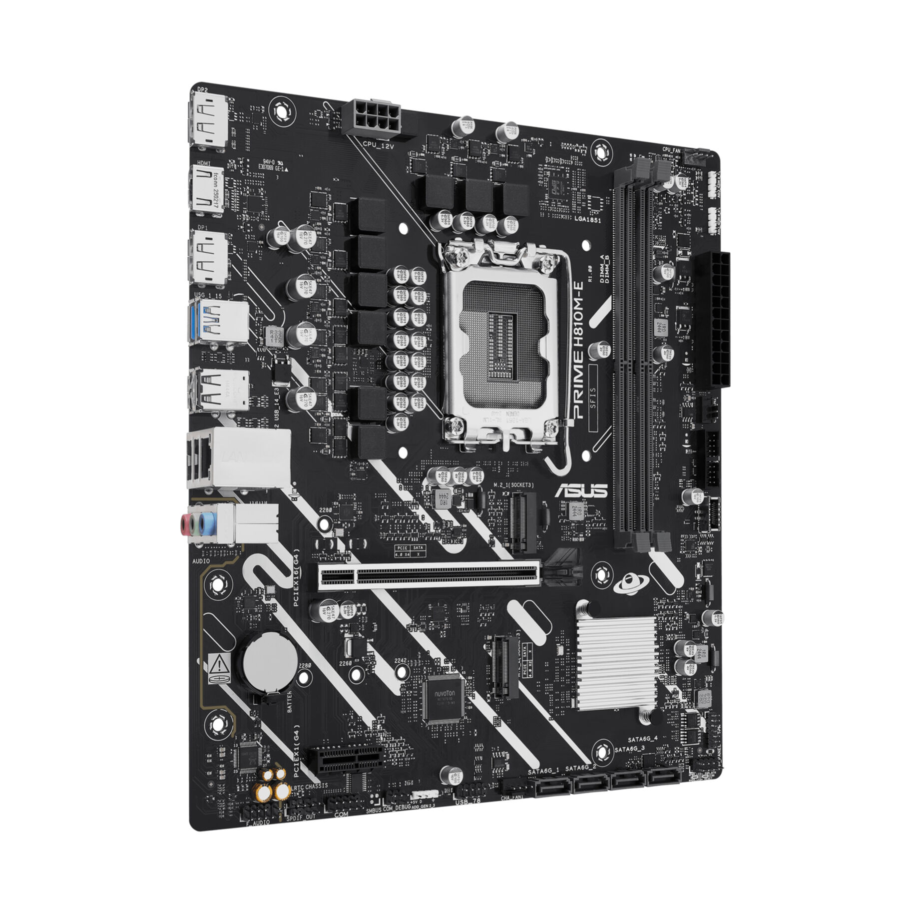 Una scheda madre per computer ASUS PRIME H810M-E nera con socket CPU, slot RAM e porte.