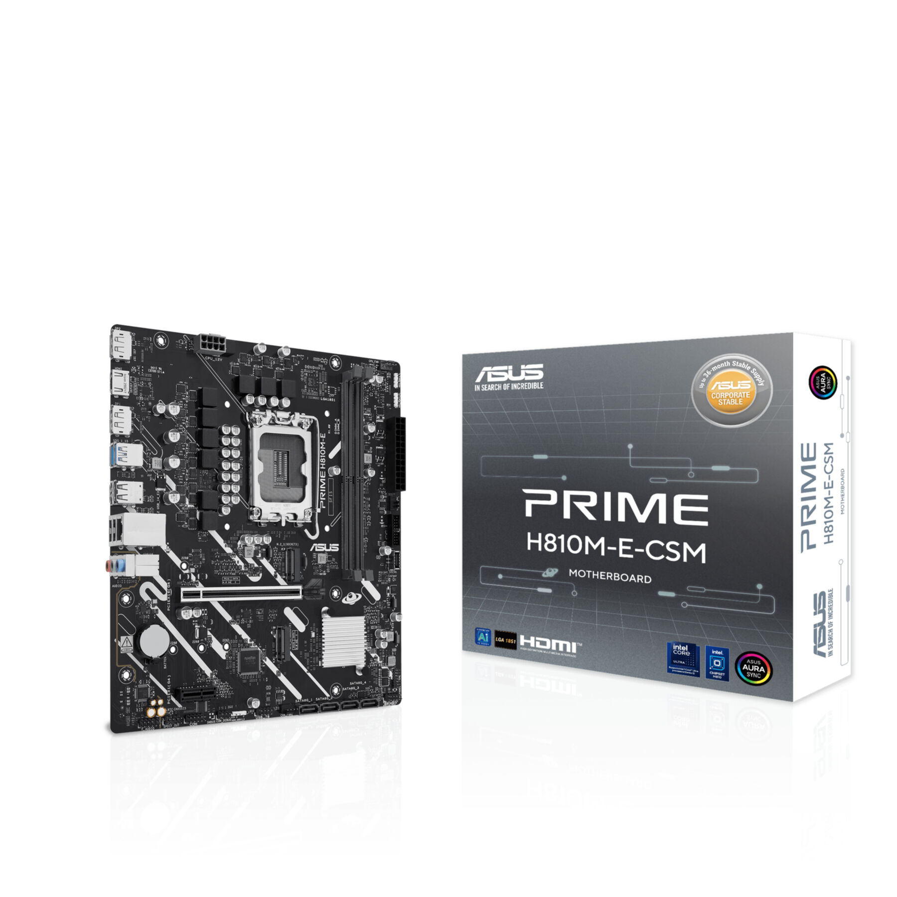 Scheda madre ASUS Prime H810M-E-CSM e scatola su sfondo bianco.
