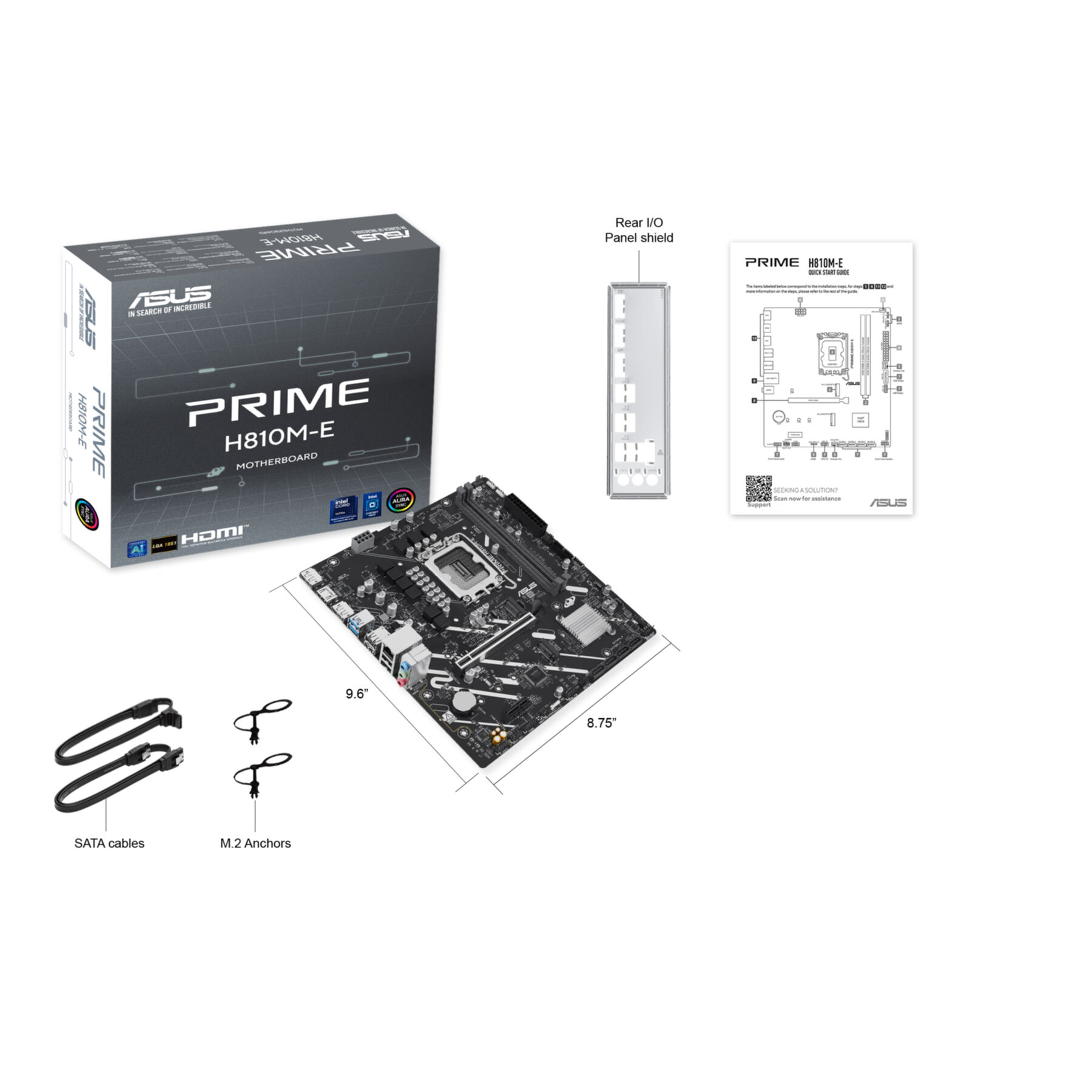 Scheda madre ASUS Prime H810M-E, manuale, scudo I/O, cavi SATA e ancore M.2.