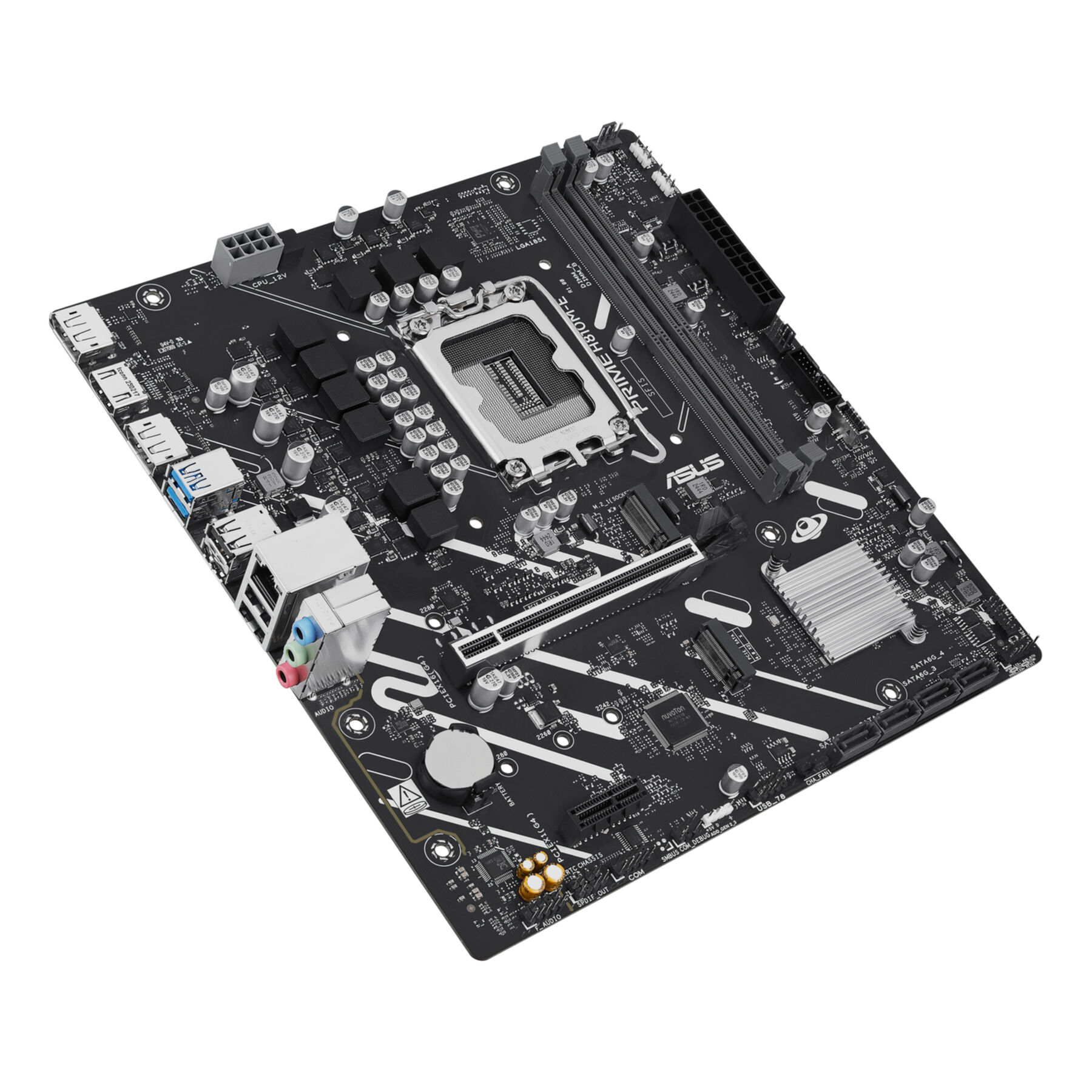 Scheda madre ASUS nera con socket CPU, slot RAM, porte e dissipatore.