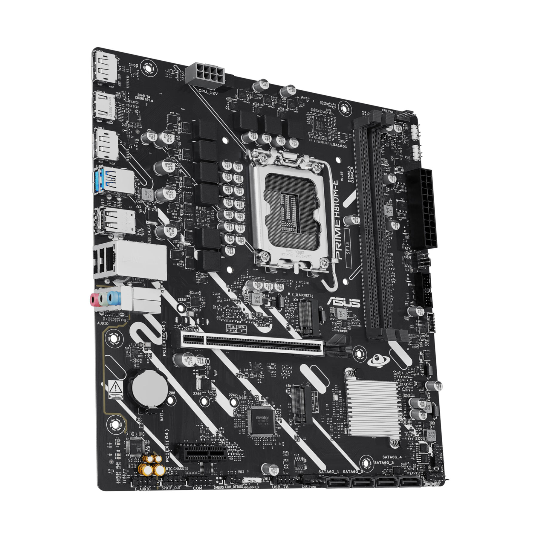 Scheda madre nera ASUS PRIME H810M-E con socket CPU, slot RAM e connettori.