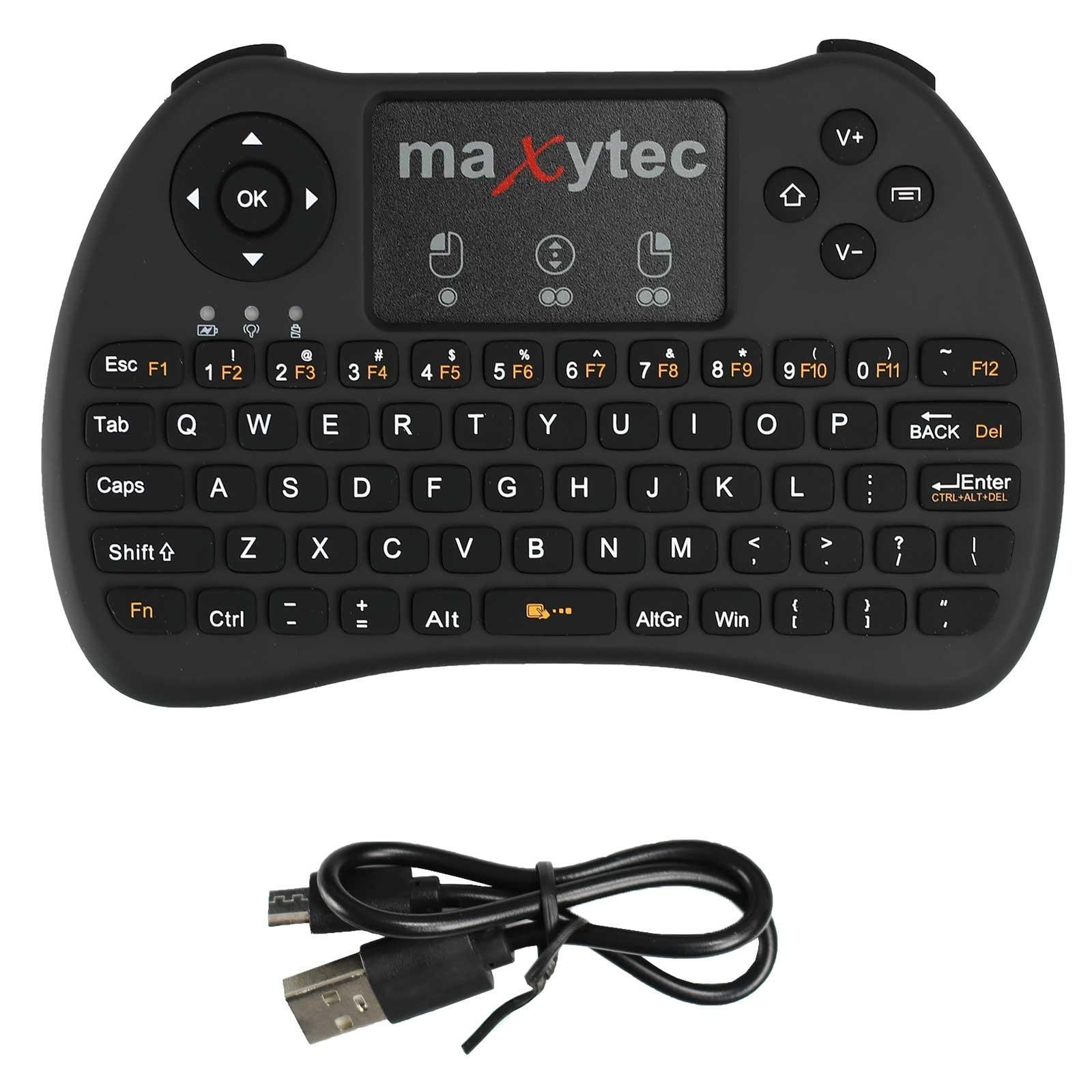 Schwarze Mini-Tastatur mit Touchpad und USB-Kabel.