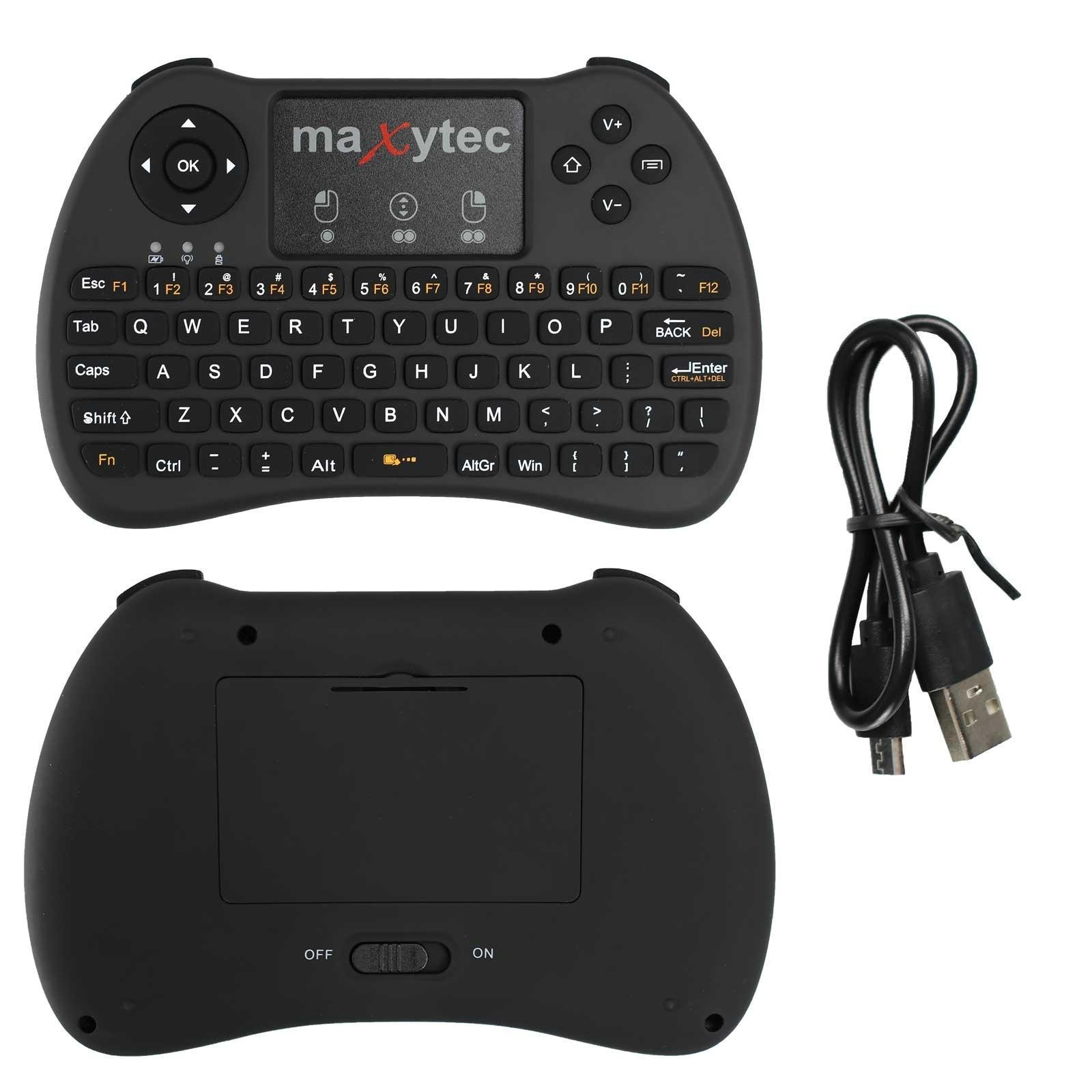 Schwarze Tastatur mit Touchpad, Pfeiltasten und USB-Kabel.