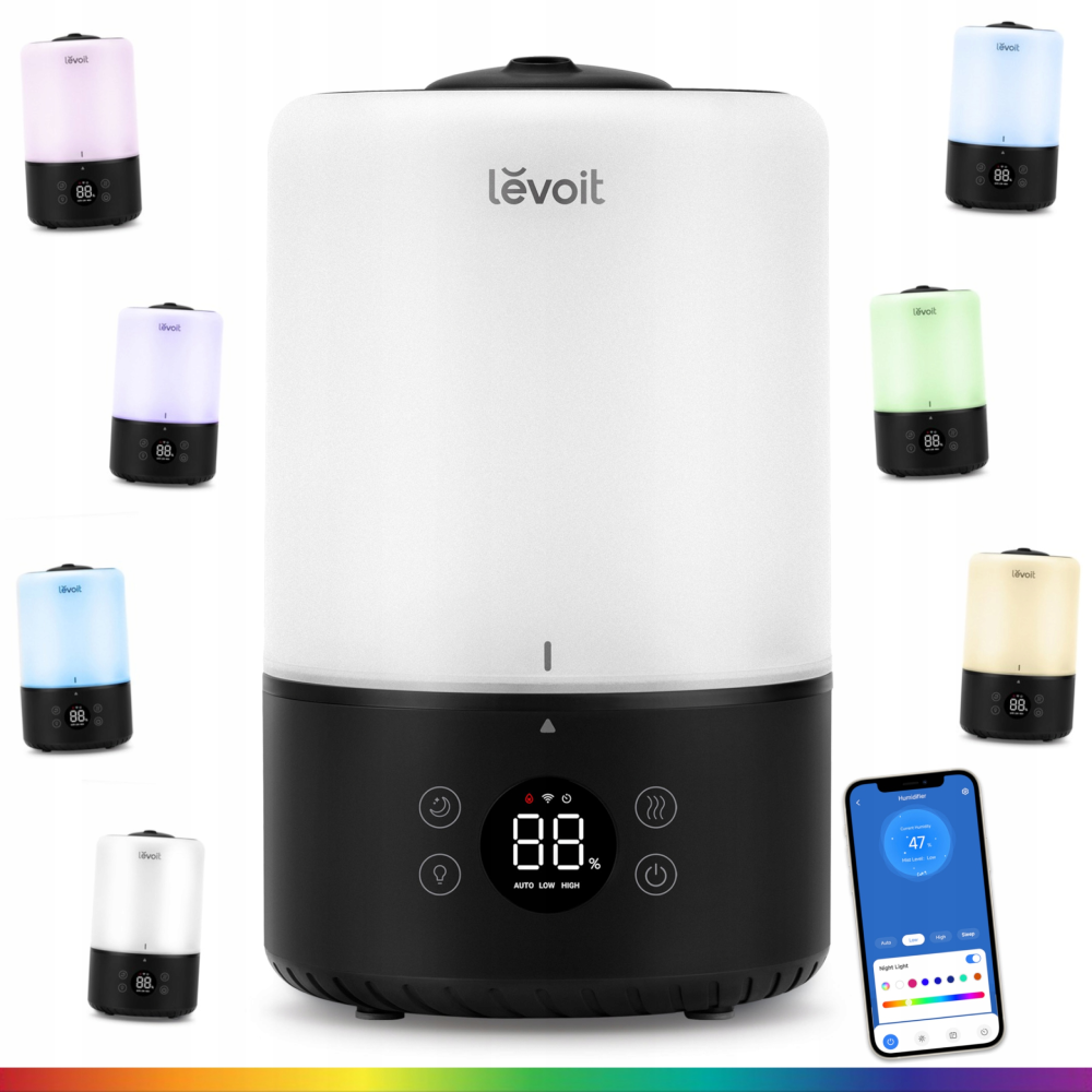 Duży biały nawilżacz z czarną podstawą, otoczony mniejszymi, kolorowymi nawilżaczami.