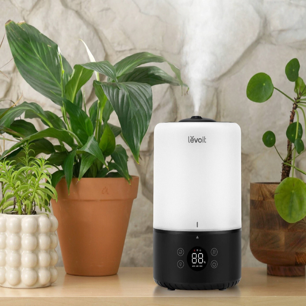 Biały nawilżacz emituje mgiełkę, otoczony przez zielone rośliny w doniczkach na drewnianej powierzchni.