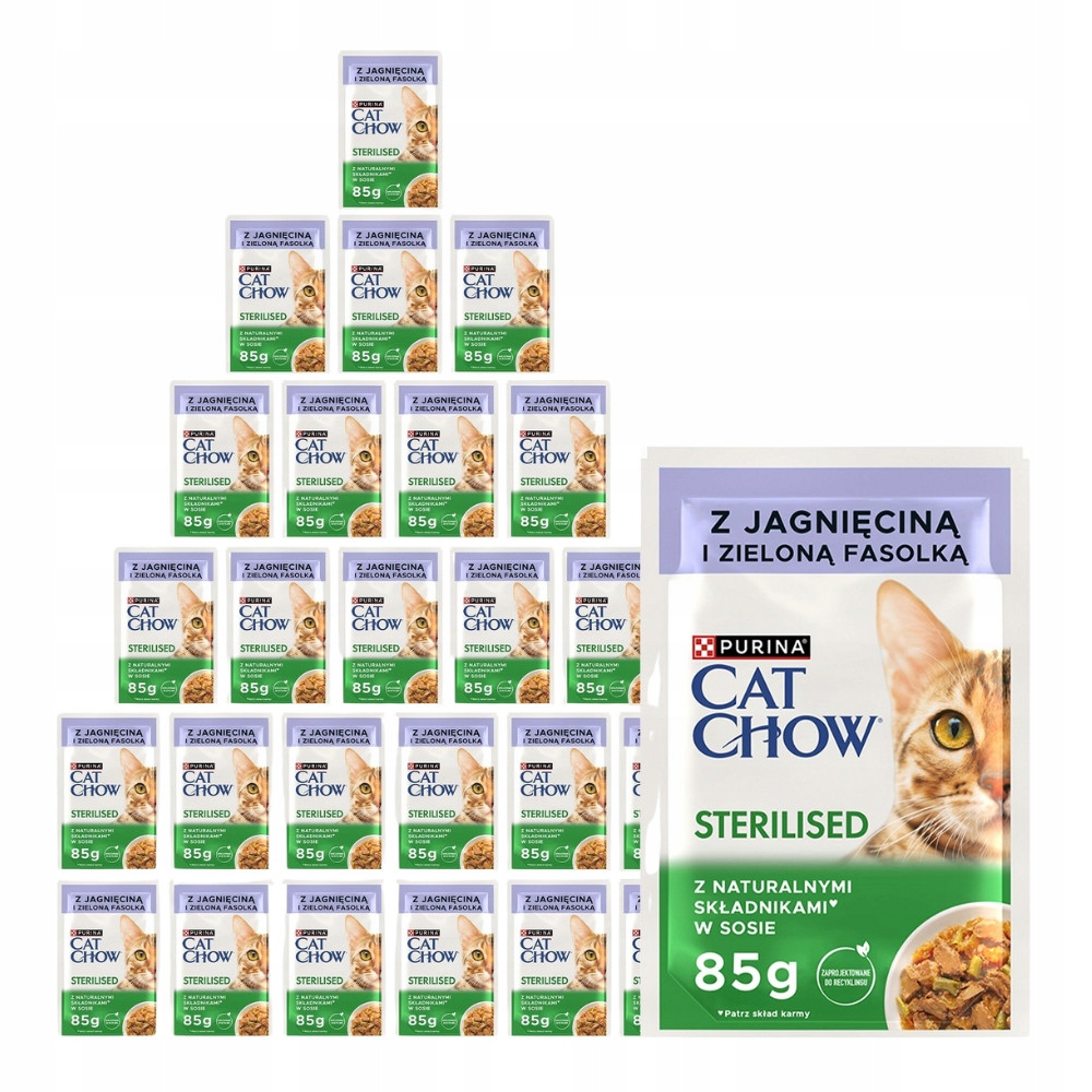 Wiele opakowań i saszetek karmy dla kota Purina Cat Chow Jagnięcina i Zielona Fasolka.