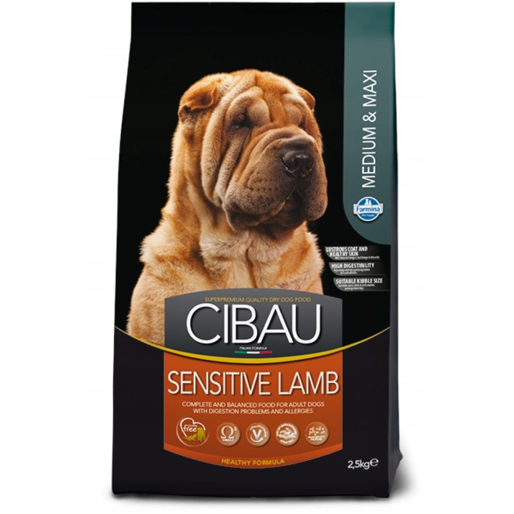 Torba z karmą dla psa z wizerunkiem psa rasy Shar Pei i napisem CIBAU Sensitive Lamb.