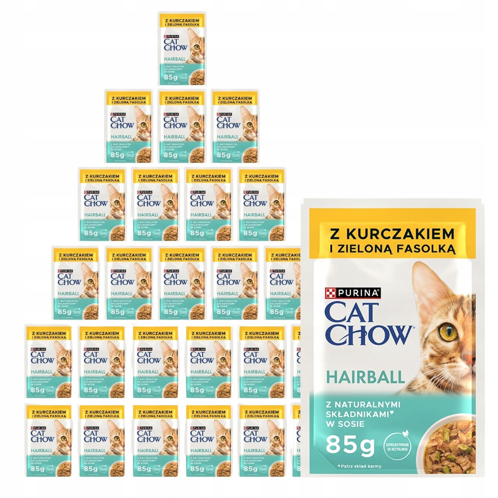 Wiele opakowań karmy dla kota Cat Chow na kule włosowe, z kurczakiem, fasolką, 85g.