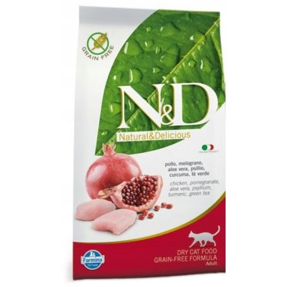 Opakowanie karmy dla kota z granatem, kurczakiem i zielonym liściem.