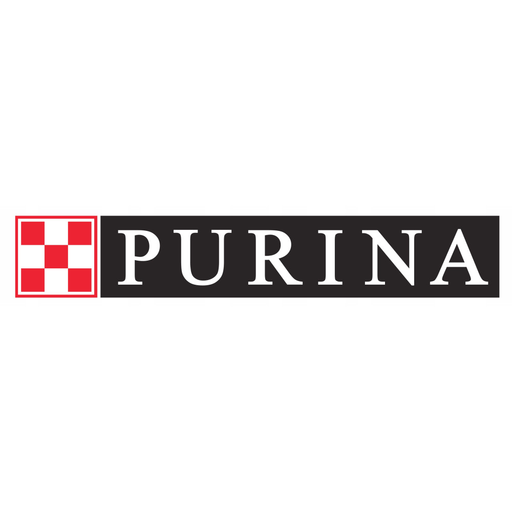 Logo Purina z szachownicą i białym tekstem na czarnym tle.