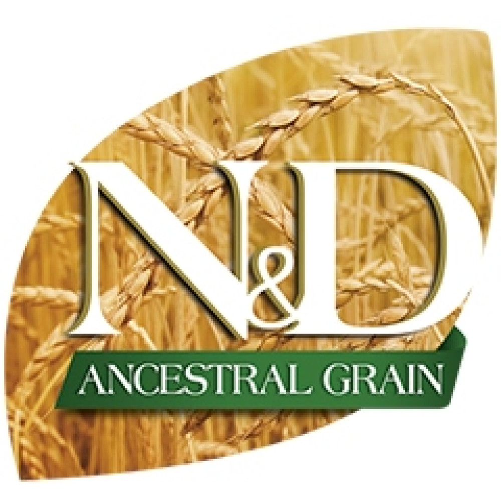 Logo z kłosami pszenicy i tekstem 'N&D ANCESTRAL GRAIN'.