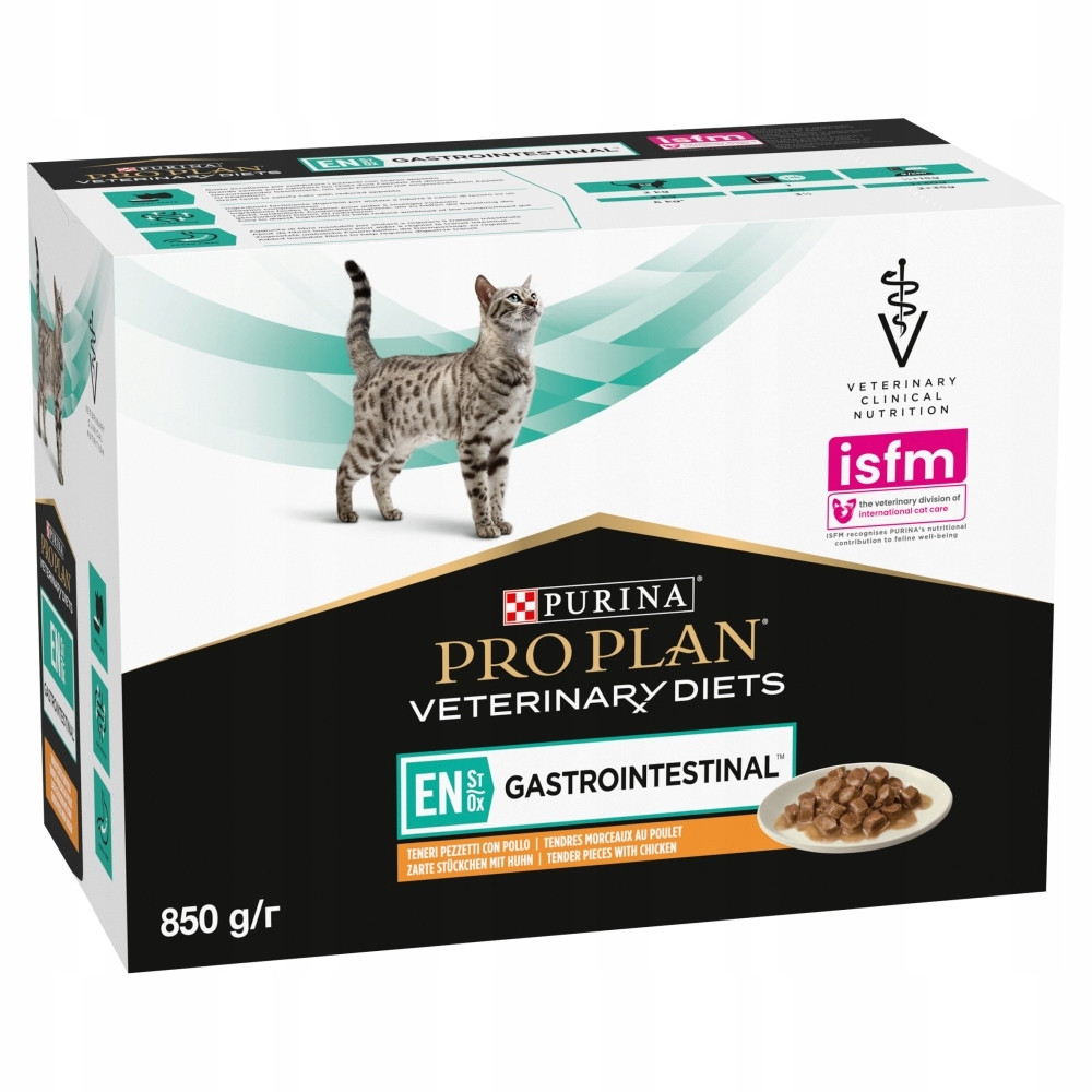 Pudełko karmy Purina Pro Plan Veterinary Diets dla kotów z problemami żołądkowo-jelitowymi.