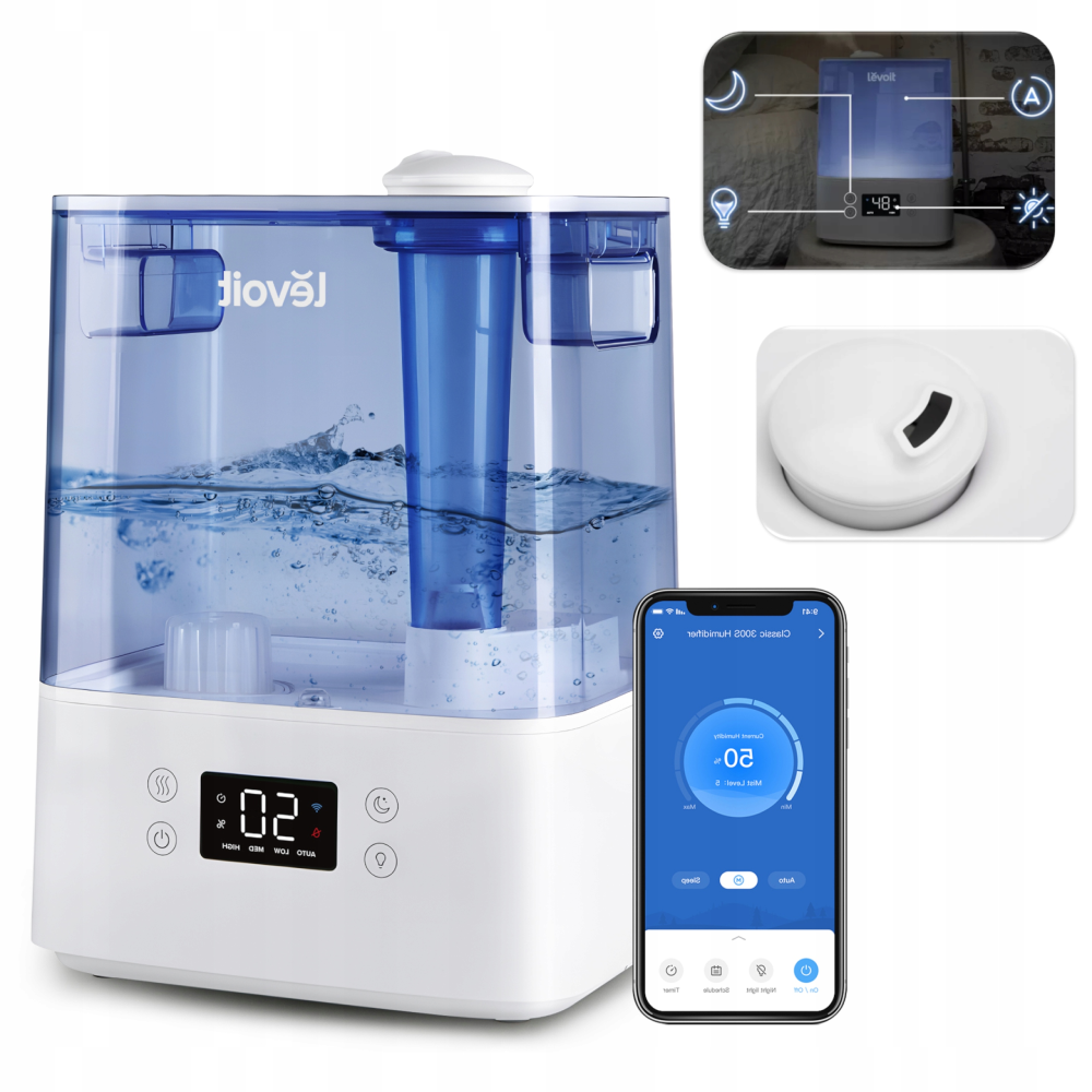 Biały nawilżacz z niebieskim zbiornikiem, sterowaniem przez aplikację i wyświetlaczem.