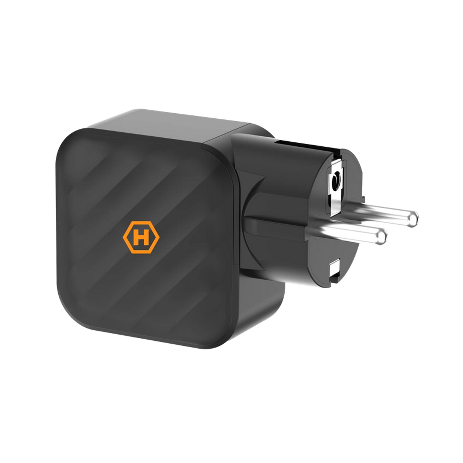 Czarny adapter zasilania z pomarańczowym logo H i srebrnymi bolcami.