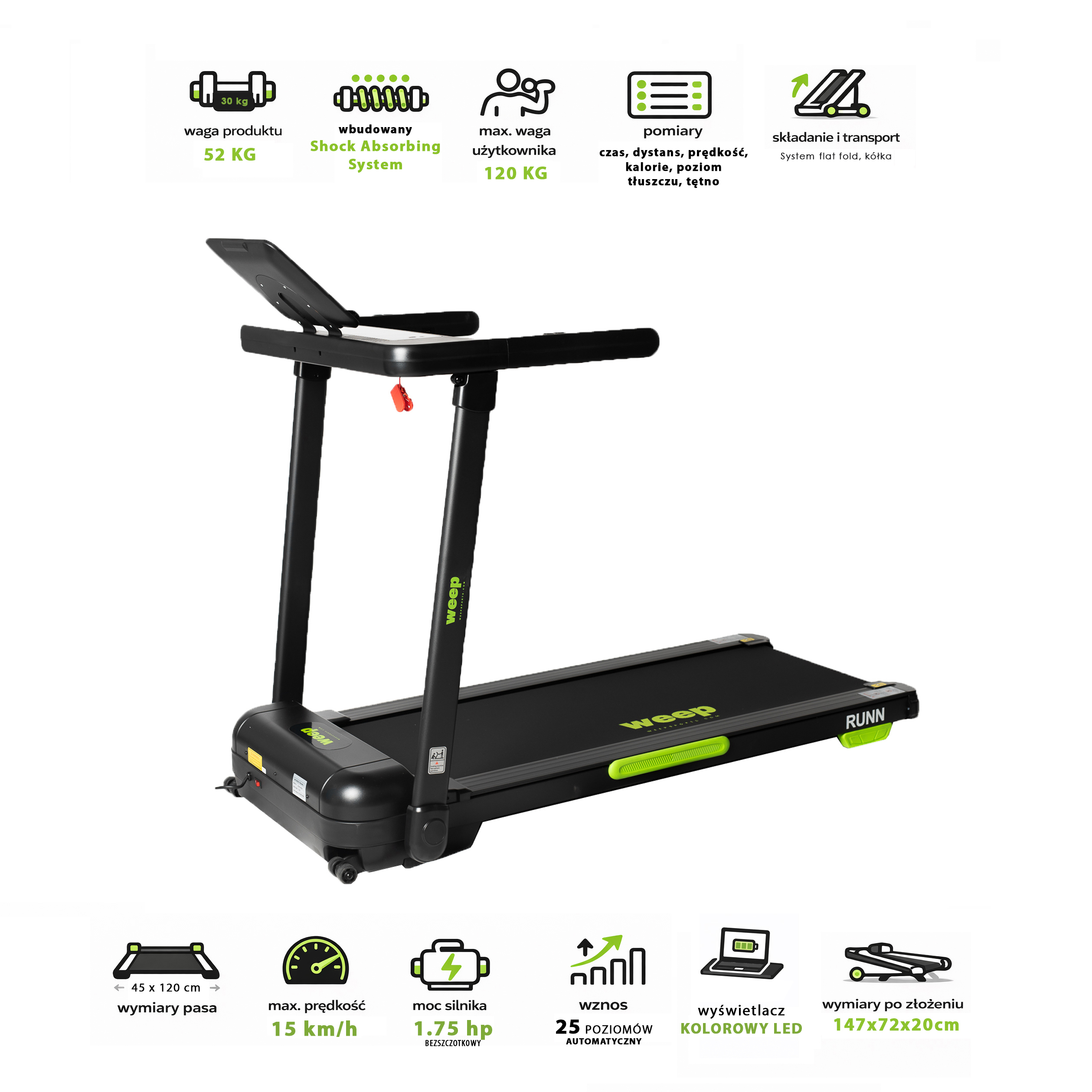 Czarna bieżnia z zielonymi akcentami, przeznaczona do użytku domowego.