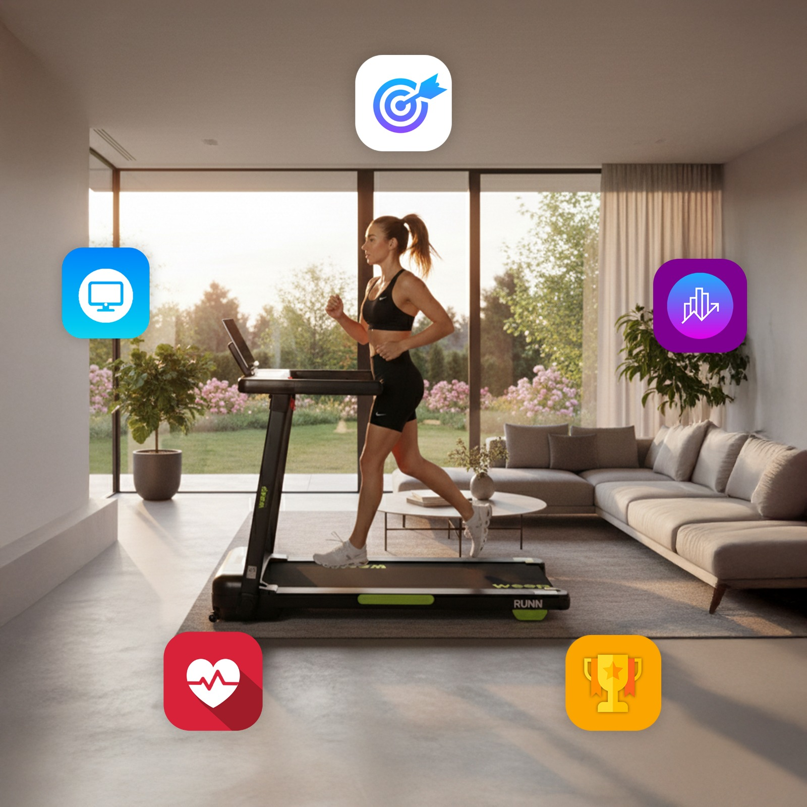 Kobieta biegnie na bieżni w salonie z ikonami fitness i celów.