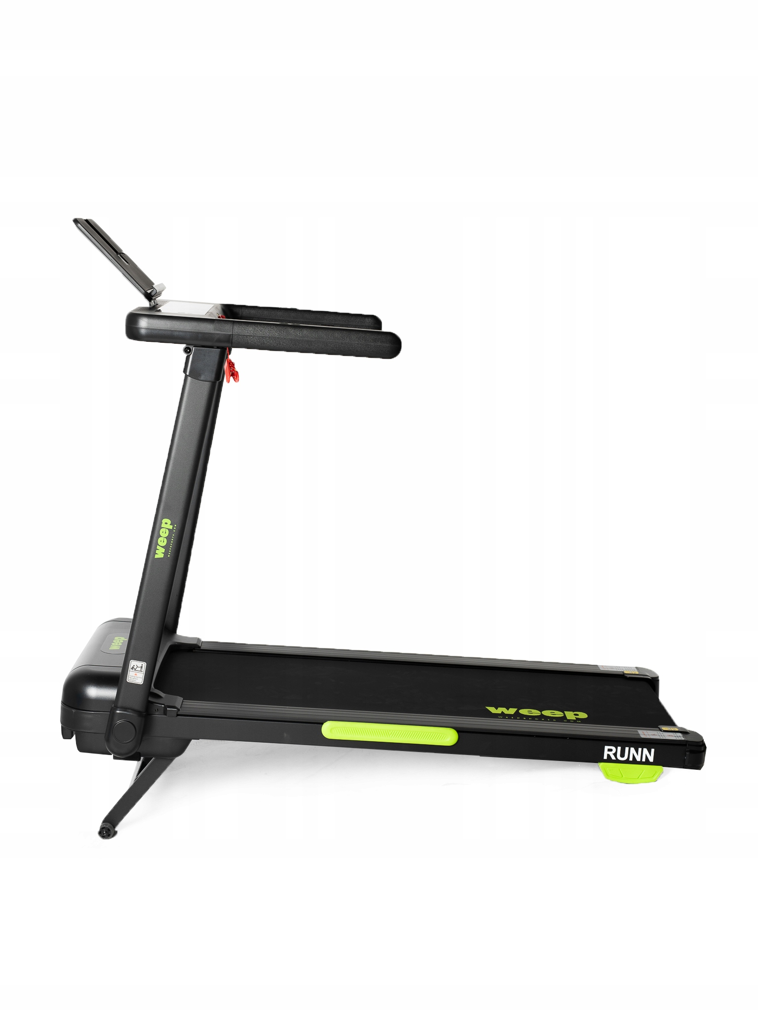 Czarno-zielona bieżnia marki Weep z cyfrowym wyświetlaczem i pasem bieżnym.