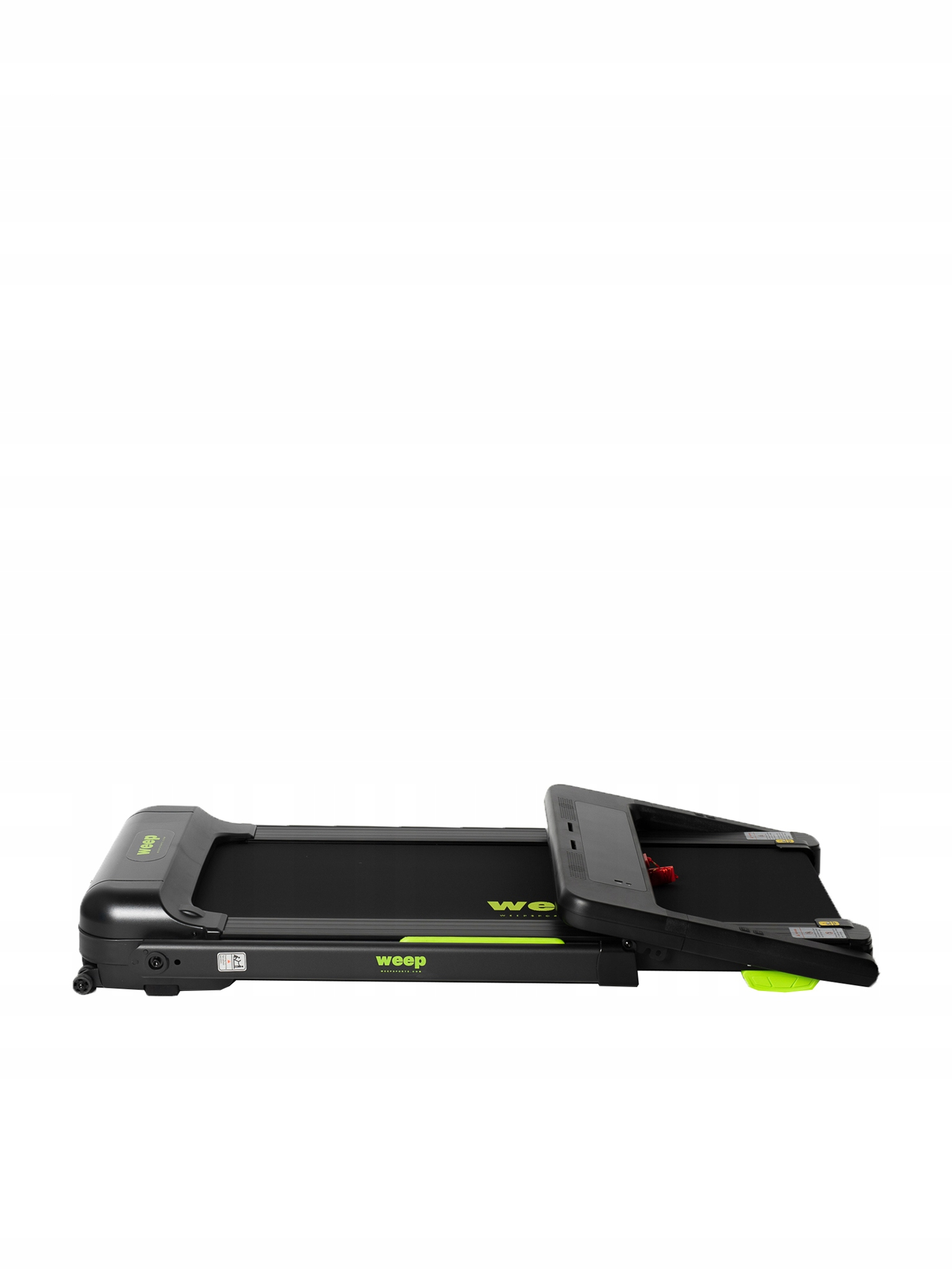 Czarna bieżnia z zielonym akcentem, stojąca na białym tle.