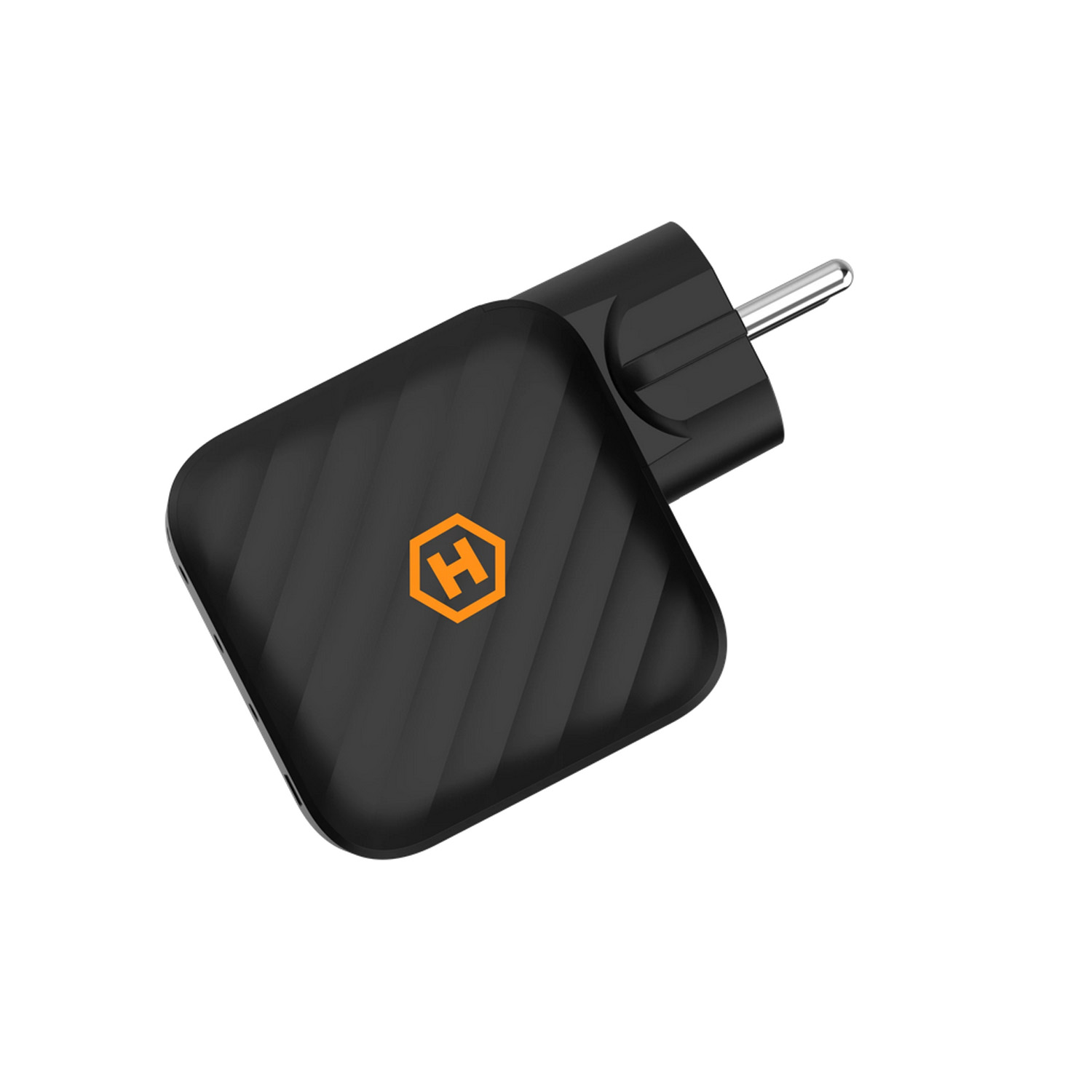 Czarny adapter sieciowy z pomarańczowym logo H i prążkowaną fakturą.