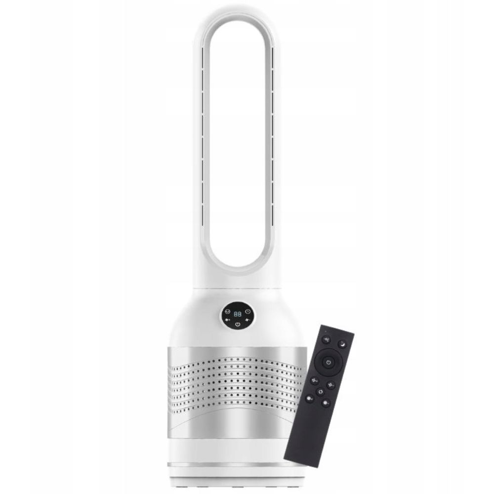 Biały wentylator wieżowy z pilotem na białym tle.