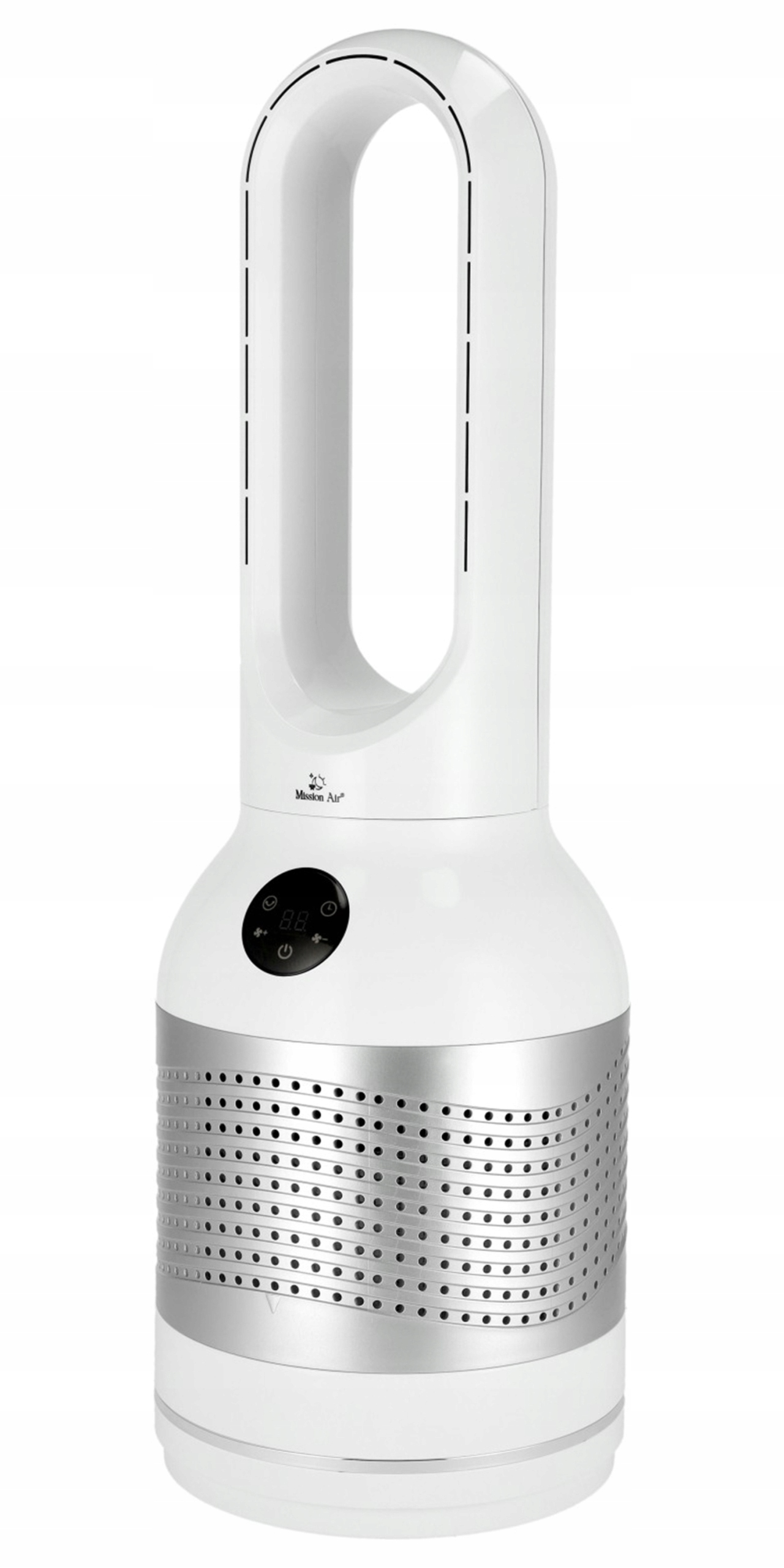 Biały wentylator wieżowy z srebrną kratką i cyfrowym wyświetlaczem.