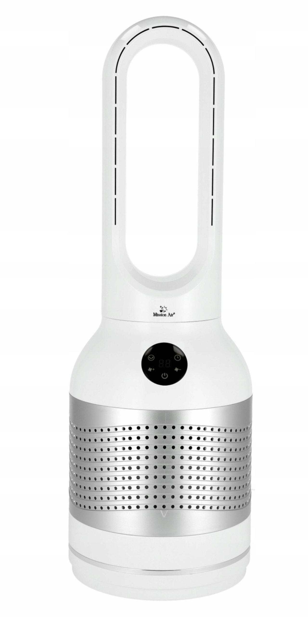 Nowoczesny biały wentylator wieżowy ze srebrnymi akcentami i perforowaną podstawą.