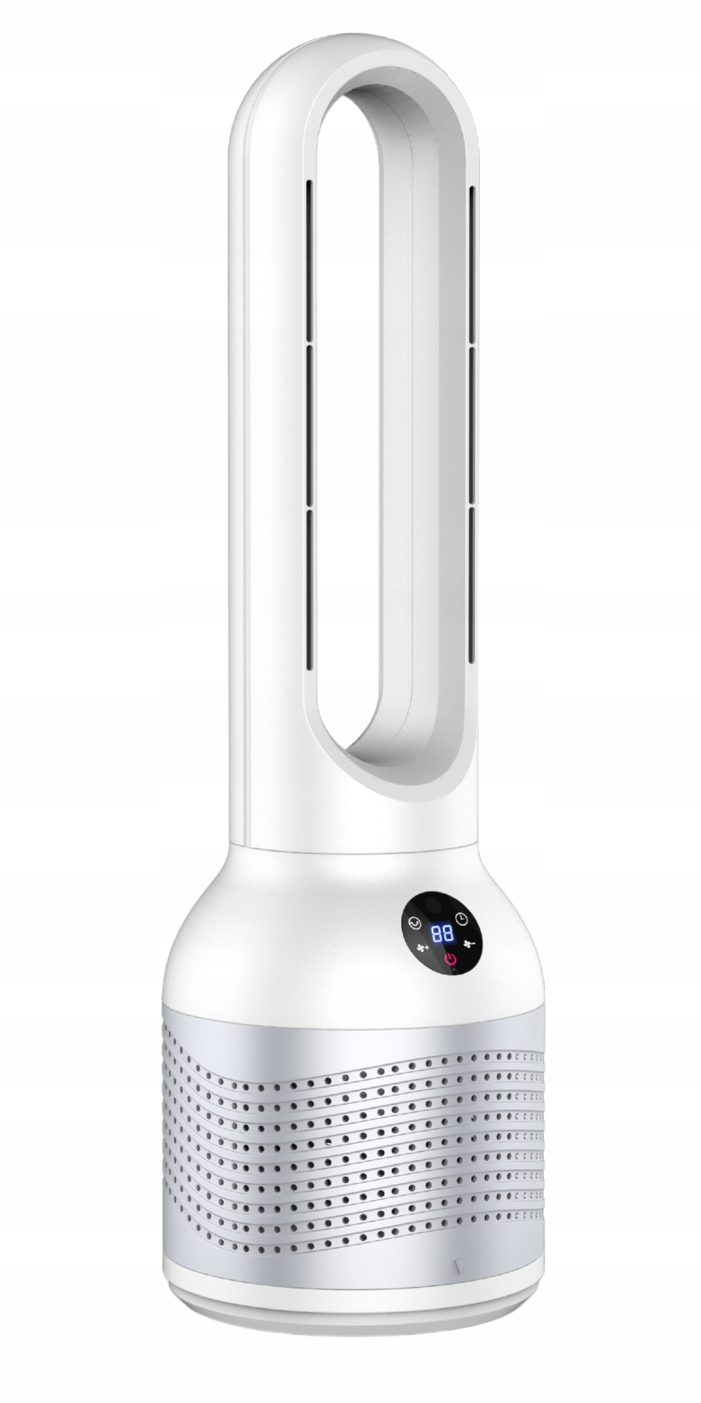 Biały wentylator wieżowy z srebrną podstawą i cyfrowym sterowaniem.