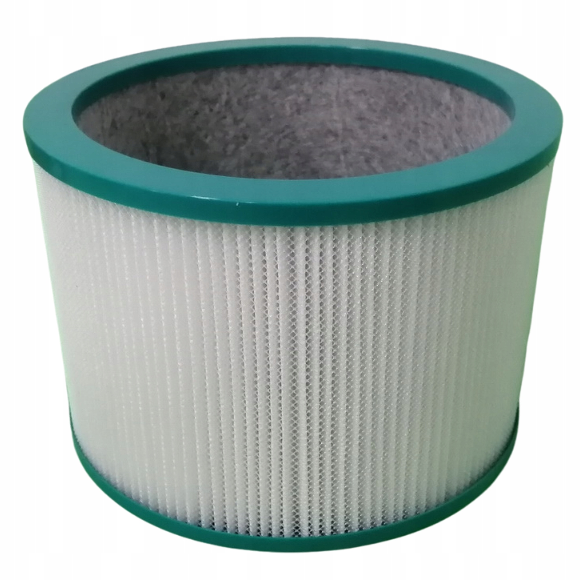 Okrągły biały filtr z zieloną obręczą i szarym wnętrzem.