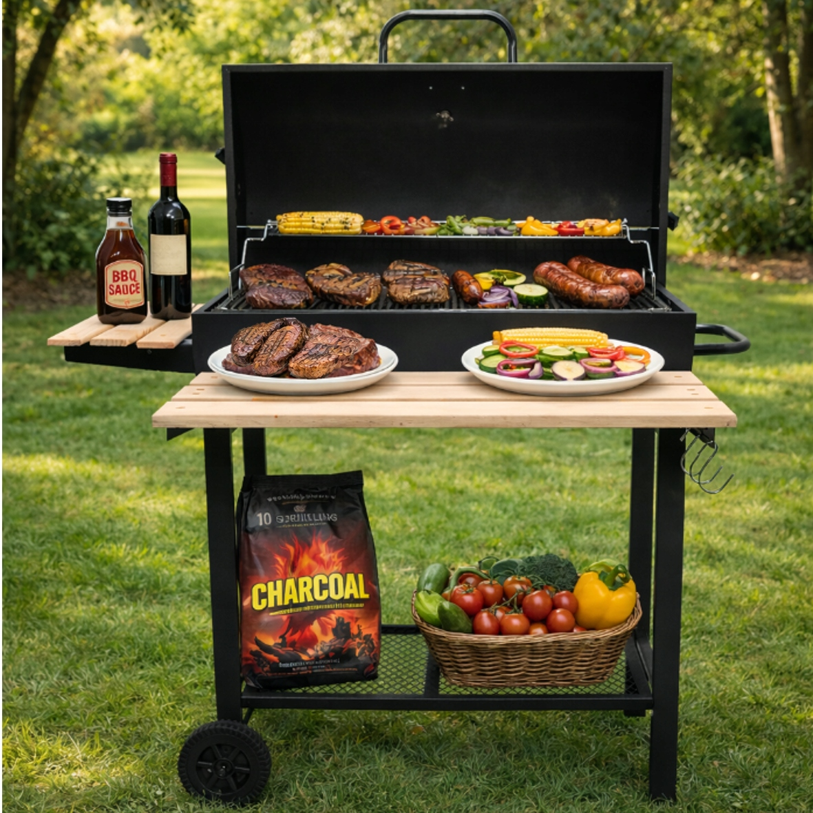 Grill z mięsem, kukurydzą i warzywami na zewnątrz.