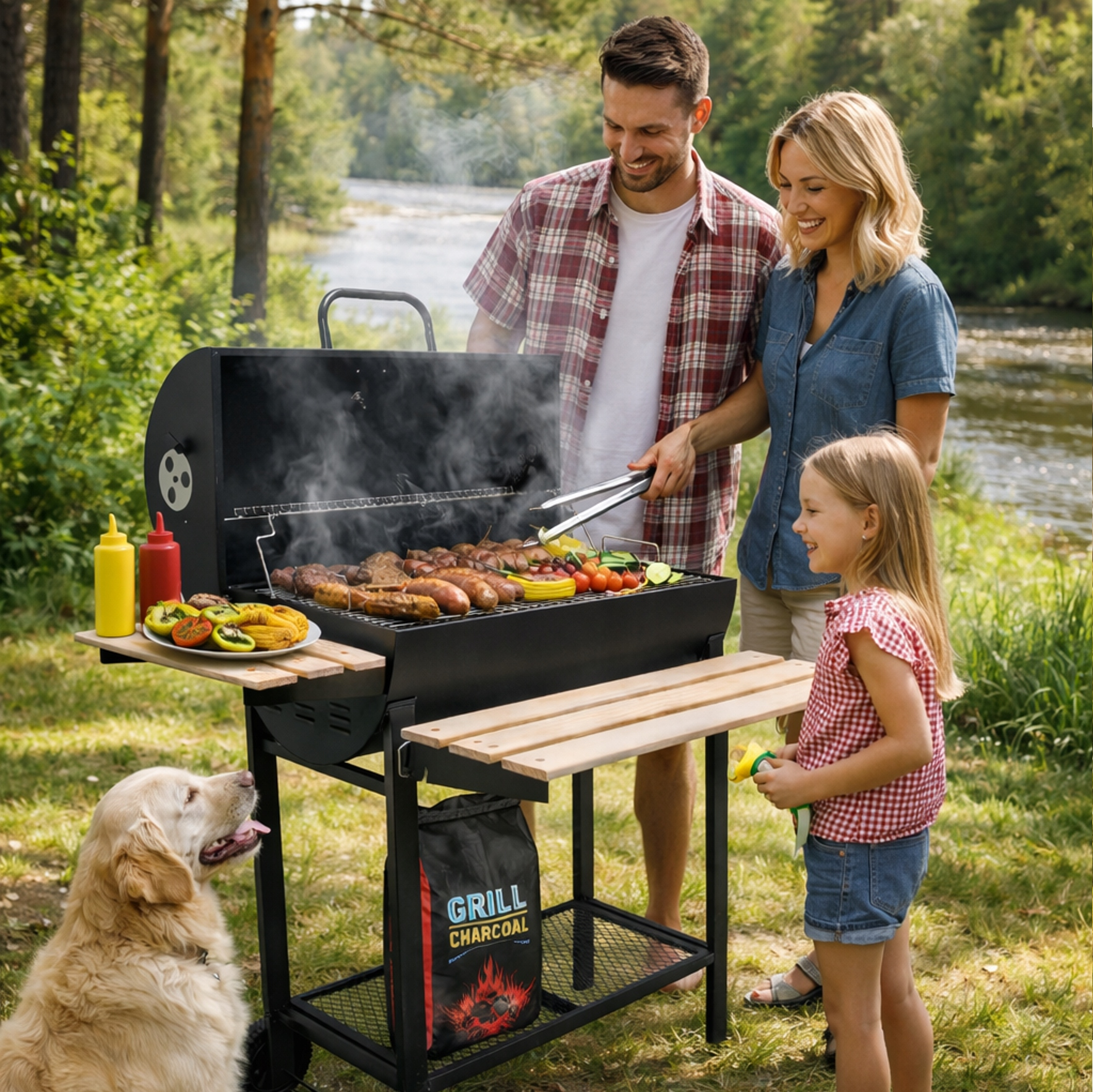 Rodzina grilluje nad rzeką z psem, jedzenie na grillu, unosi się dym.