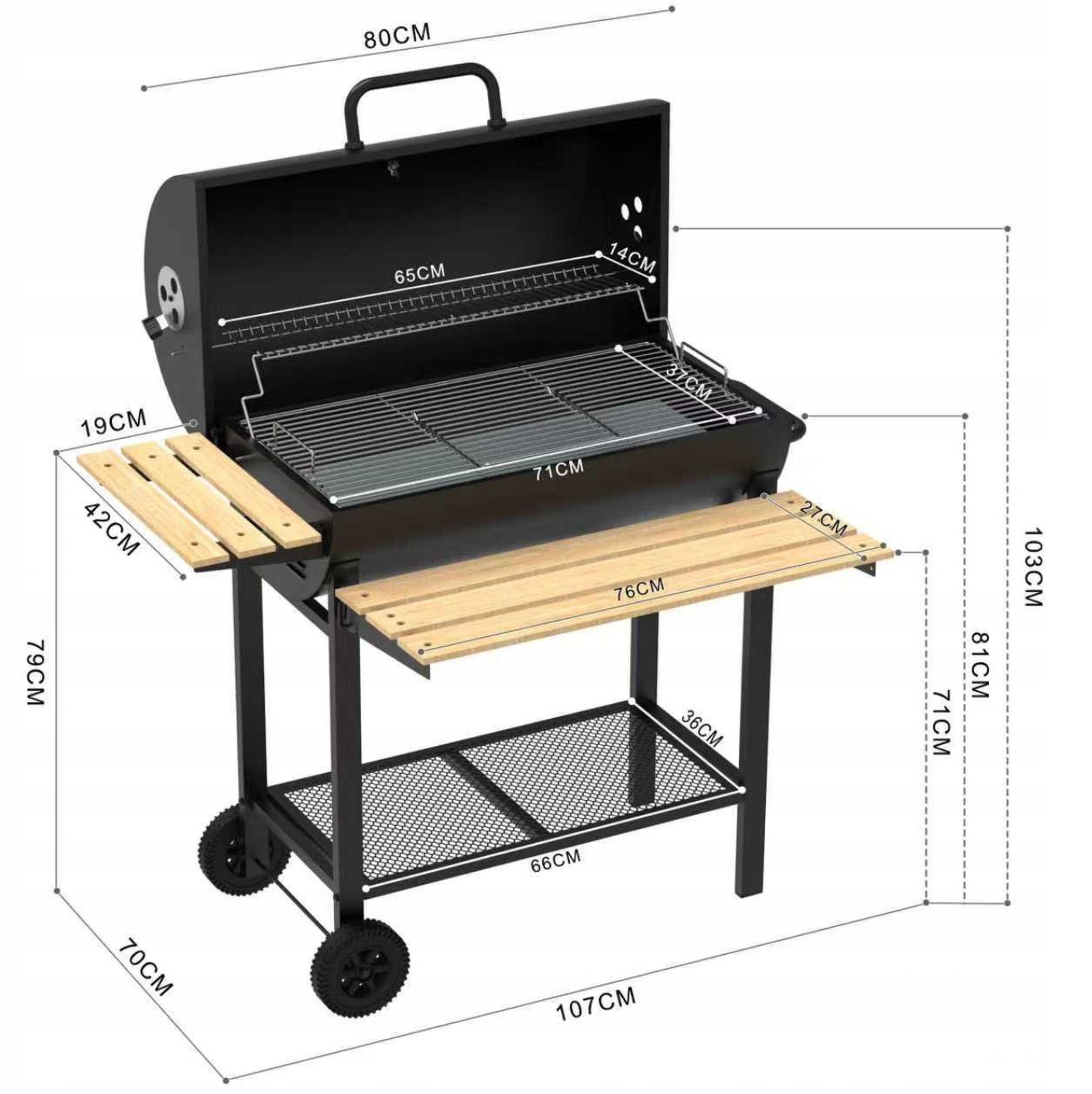 Czarny grill z drewnianymi półkami i kółkami, podano wymiary.