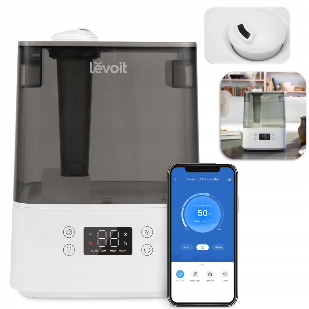 Nawilżacz Levoit z kontrolą przez aplikację na smartfona i cyfrowym wyświetlaczem.