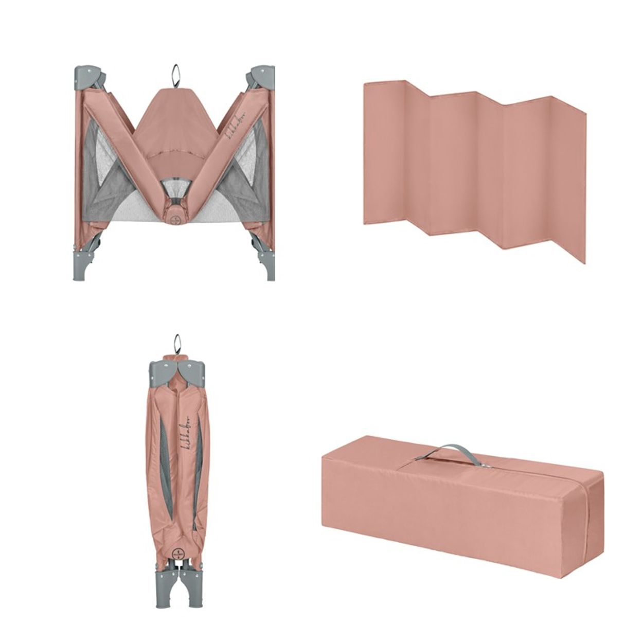 Ein rosa Reisebett, zusammengeklappt, entfaltet, eine Matte und eine Tasche.