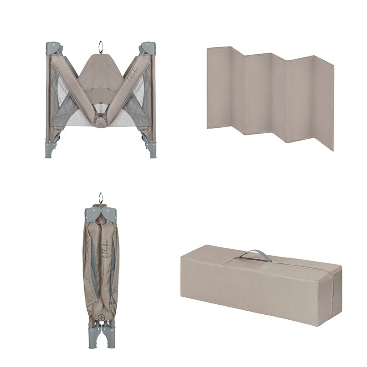 Ein Reisebett in Beige, aufgestellt, zusammengeklappt, flach und in einer Tasche.